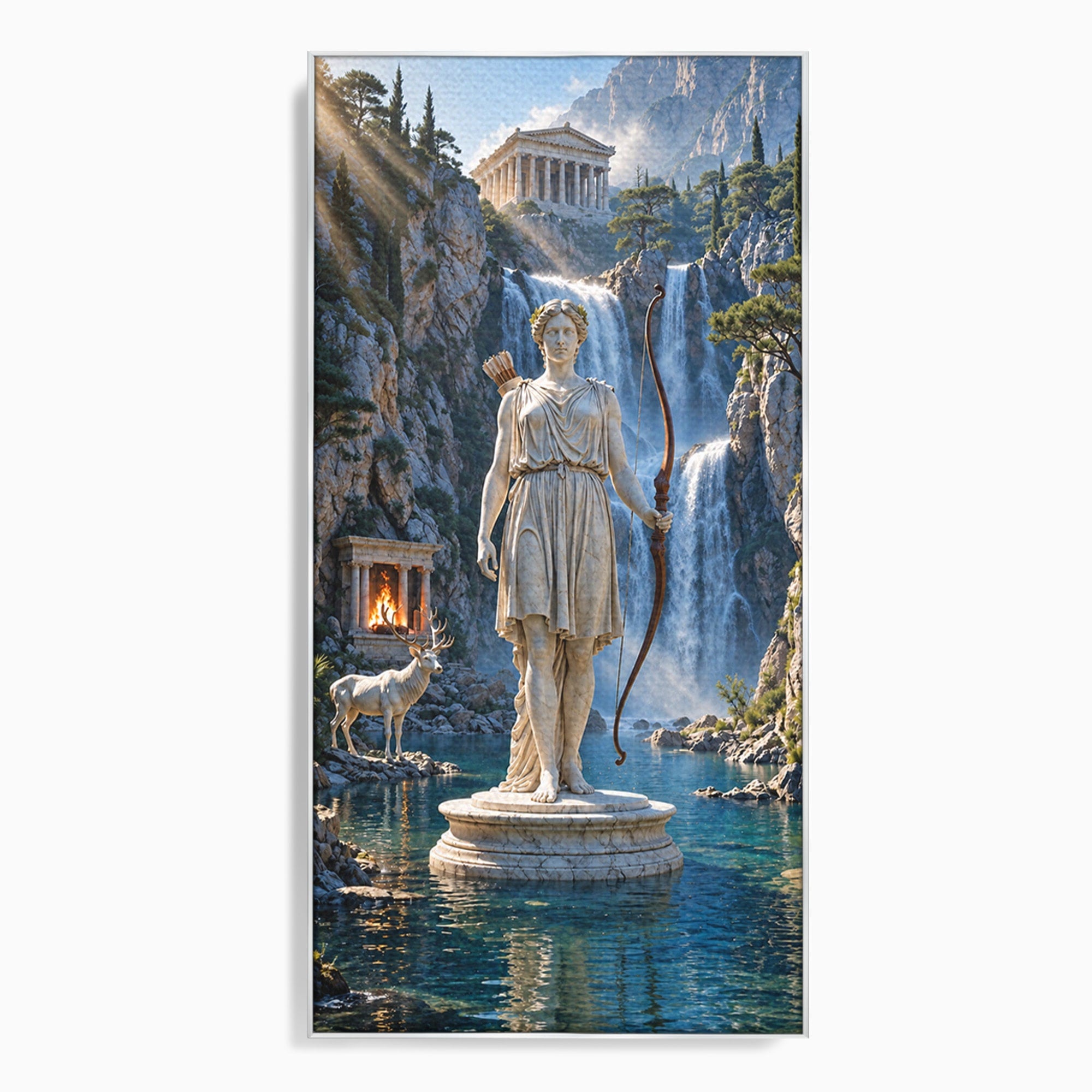 Tablou Canvas Premium LuxCanva® T1020, Zeita Arcaș, Peisaj Mitologic, Zeita, Mitologie, Statuie, Cascada, Living, Culori Vibrante