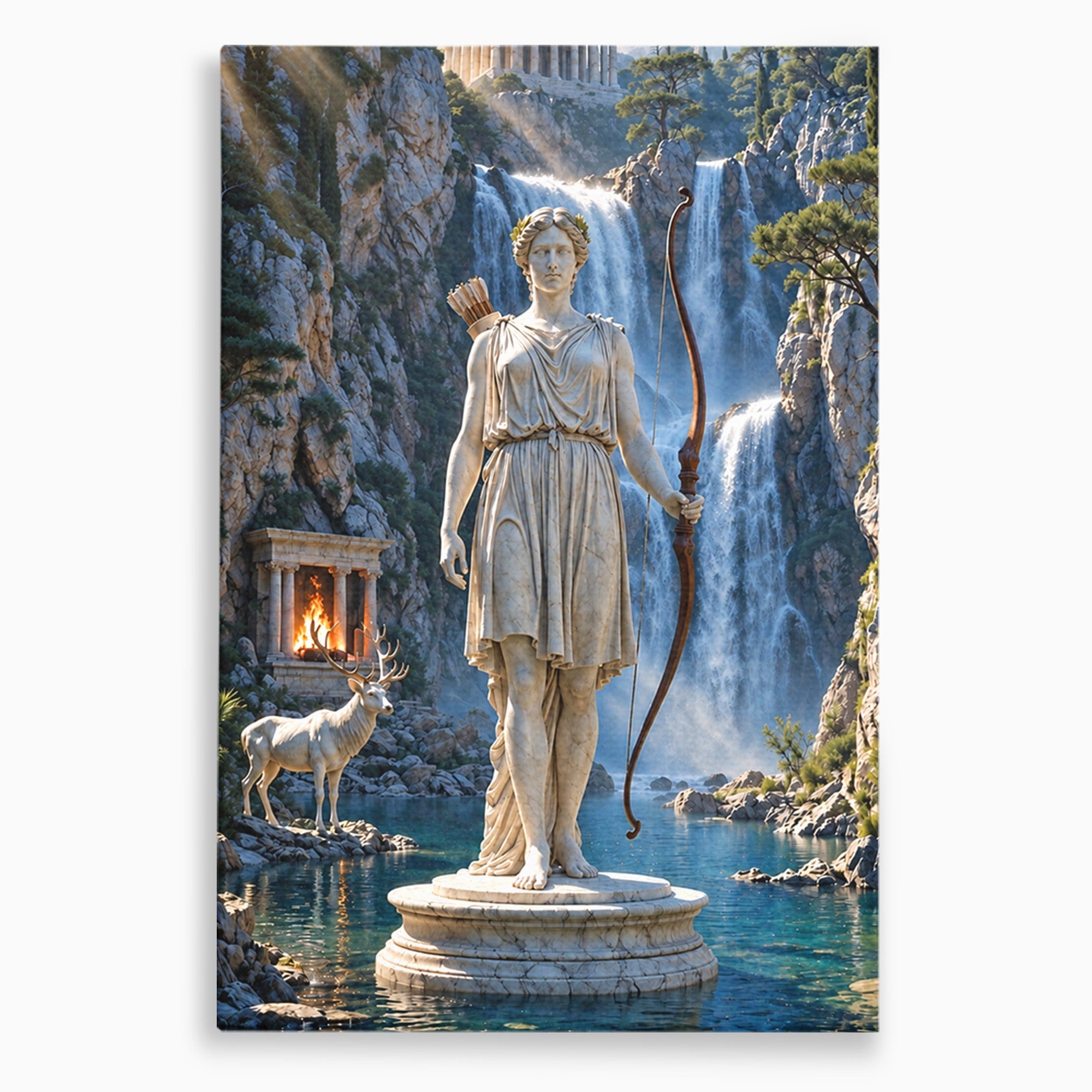 Tablou Canvas Premium LuxCanva® T1020, Zeita Arcaș, Peisaj Mitologic, Zeita, Mitologie, Statuie, Cascada, Living, Culori Vibrante