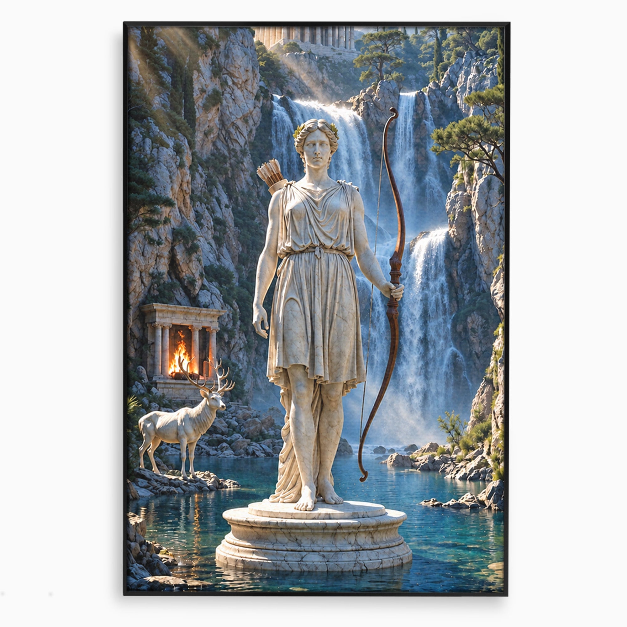 Tablou Canvas Premium LuxCanva® T1020, Zeita Arcaș, Peisaj Mitologic, Zeita, Mitologie, Statuie, Cascada, Living, Culori Vibrante