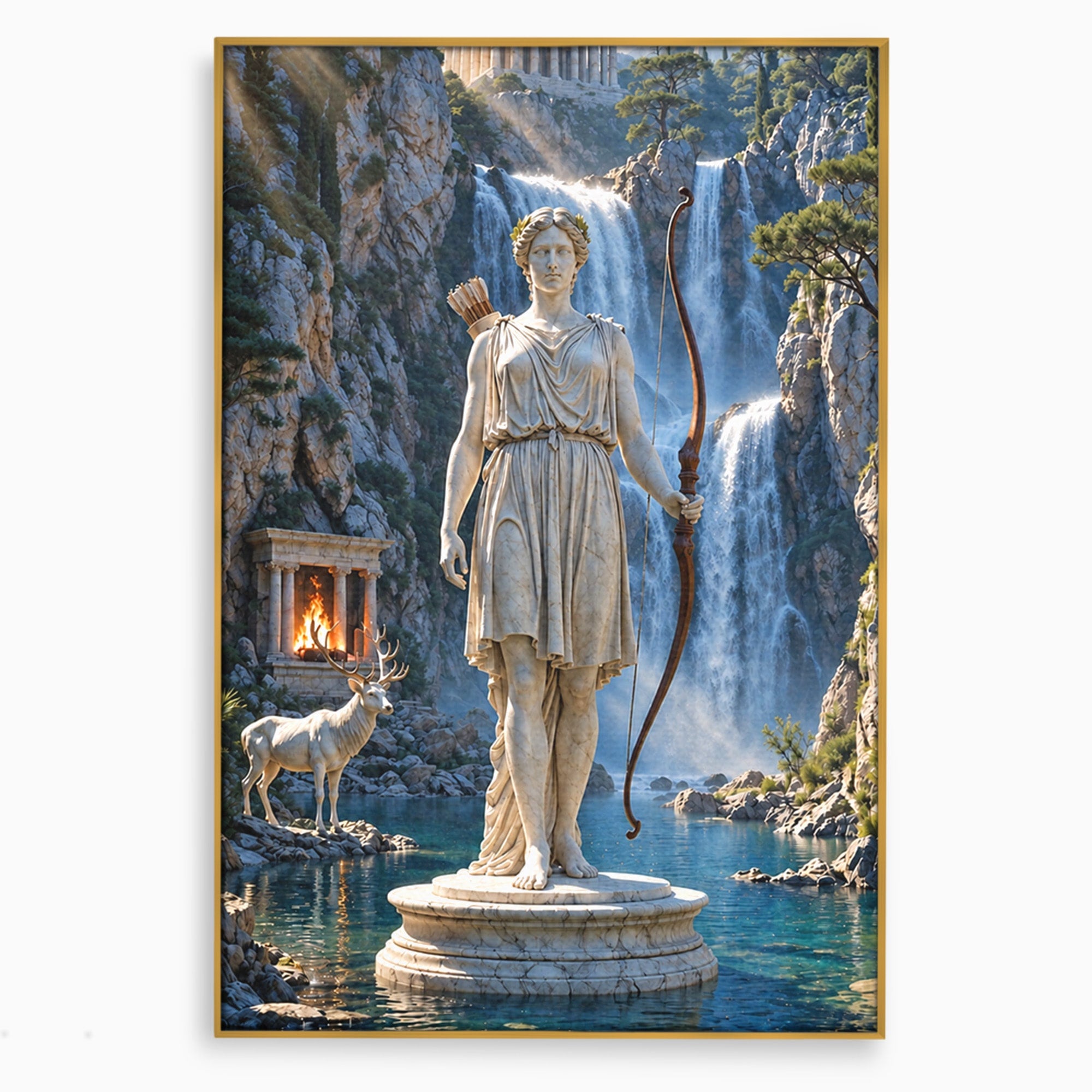 Tablou Canvas Premium LuxCanva® T1020, Zeita Arcaș, Peisaj Mitologic, Zeita, Mitologie, Statuie, Cascada, Living, Culori Vibrante