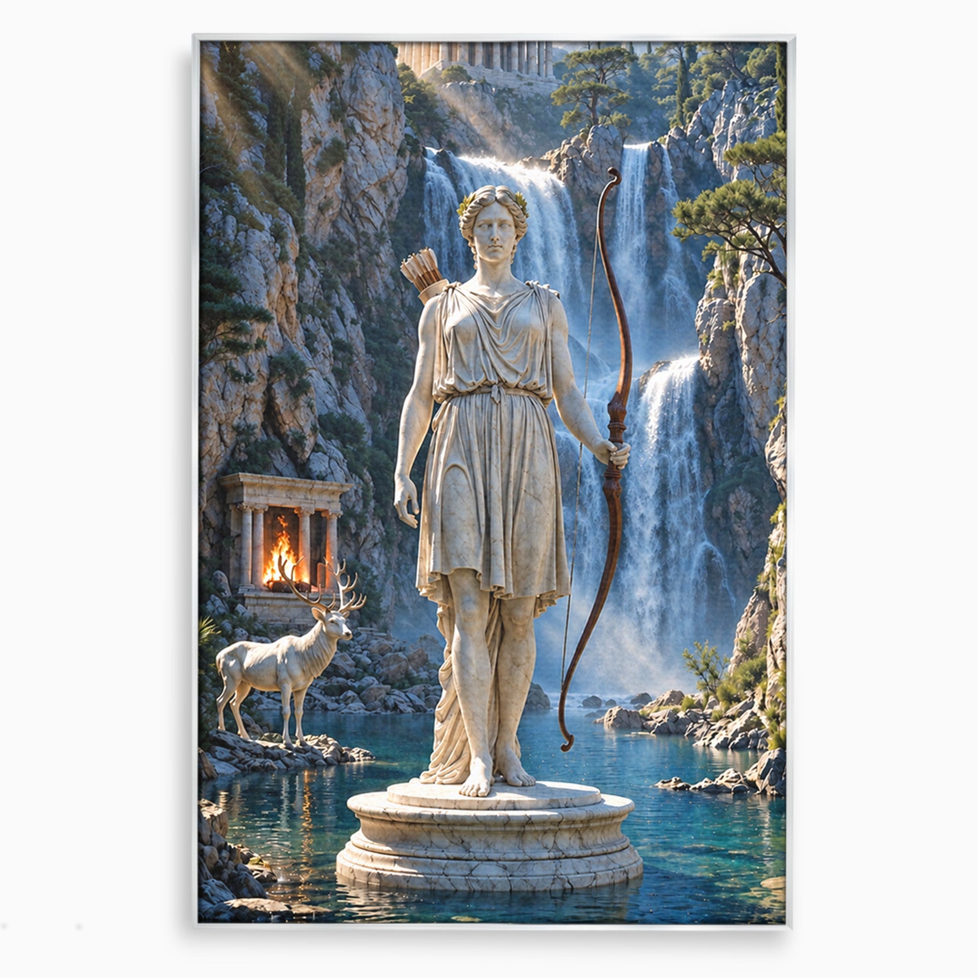 Tablou Canvas Premium LuxCanva® T1020, Zeita Arcaș, Peisaj Mitologic, Zeita, Mitologie, Statuie, Cascada, Living, Culori Vibrante