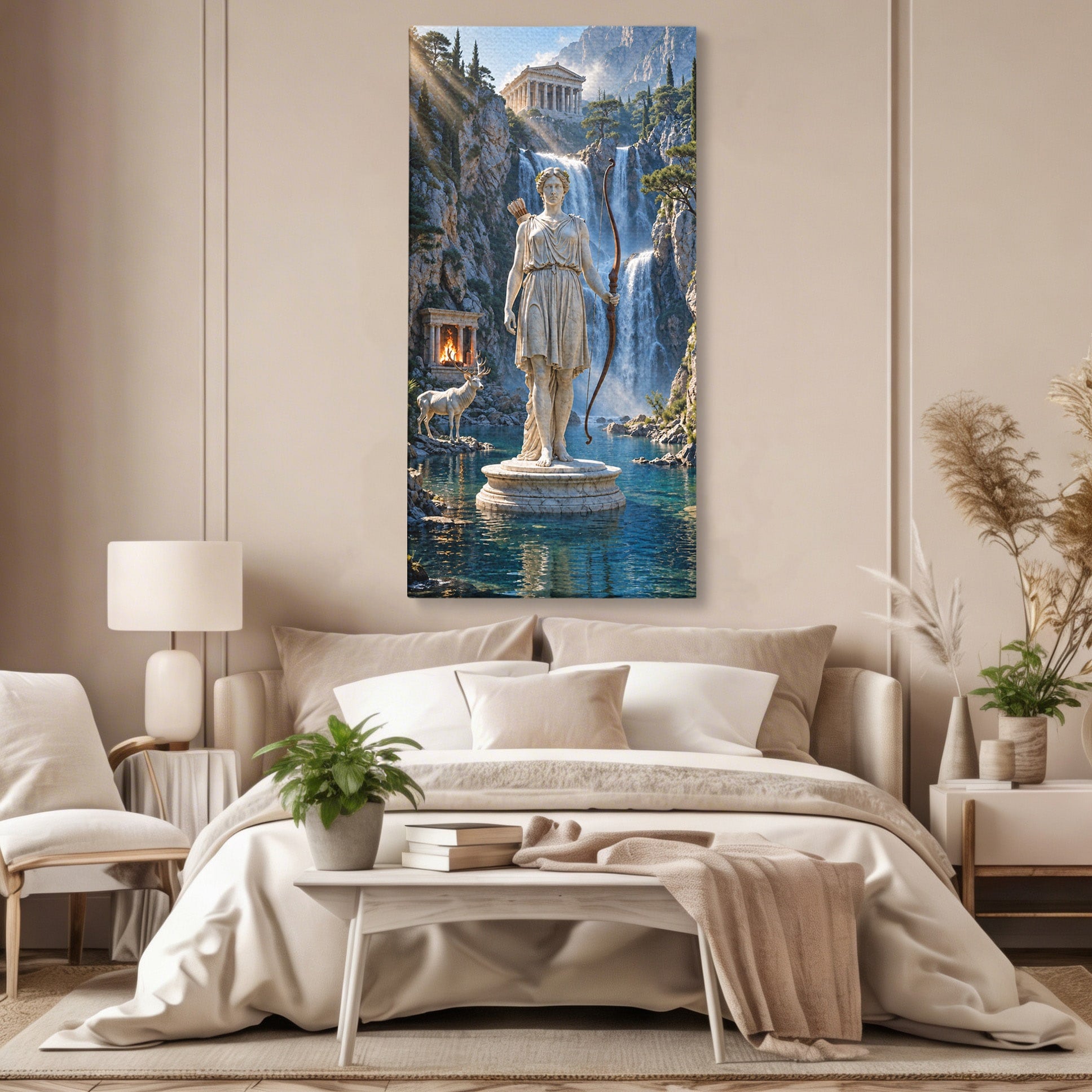 Tablou Canvas Premium LuxCanva® T1020, Zeita Arcaș, Peisaj Mitologic, Zeita, Mitologie, Statuie, Cascada, Living, Culori Vibrante