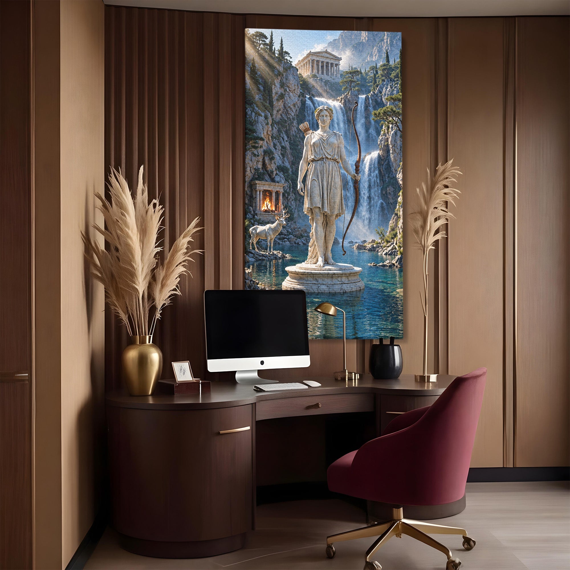 Tablou Canvas Premium LuxCanva® T1020, Zeita Arcaș, Peisaj Mitologic, Zeita, Mitologie, Statuie, Cascada, Living, Culori Vibrante