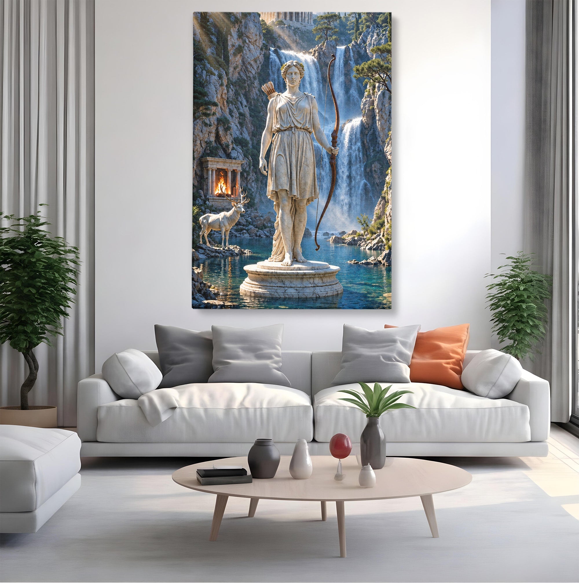 Tablou Canvas Premium LuxCanva® T1020, Zeita Arcaș, Peisaj Mitologic, Zeita, Mitologie, Statuie, Cascada, Living, Culori Vibrante