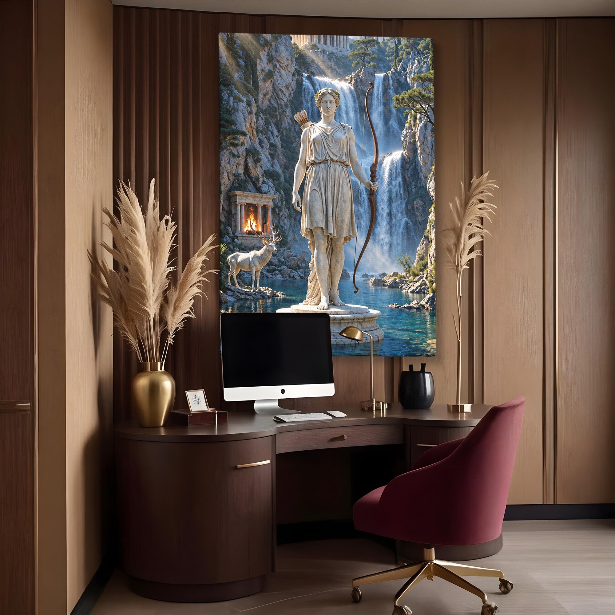 Tablou Canvas Premium LuxCanva® T1020, Zeita Arcaș, Peisaj Mitologic, Zeita, Mitologie, Statuie, Cascada, Living, Culori Vibrante
