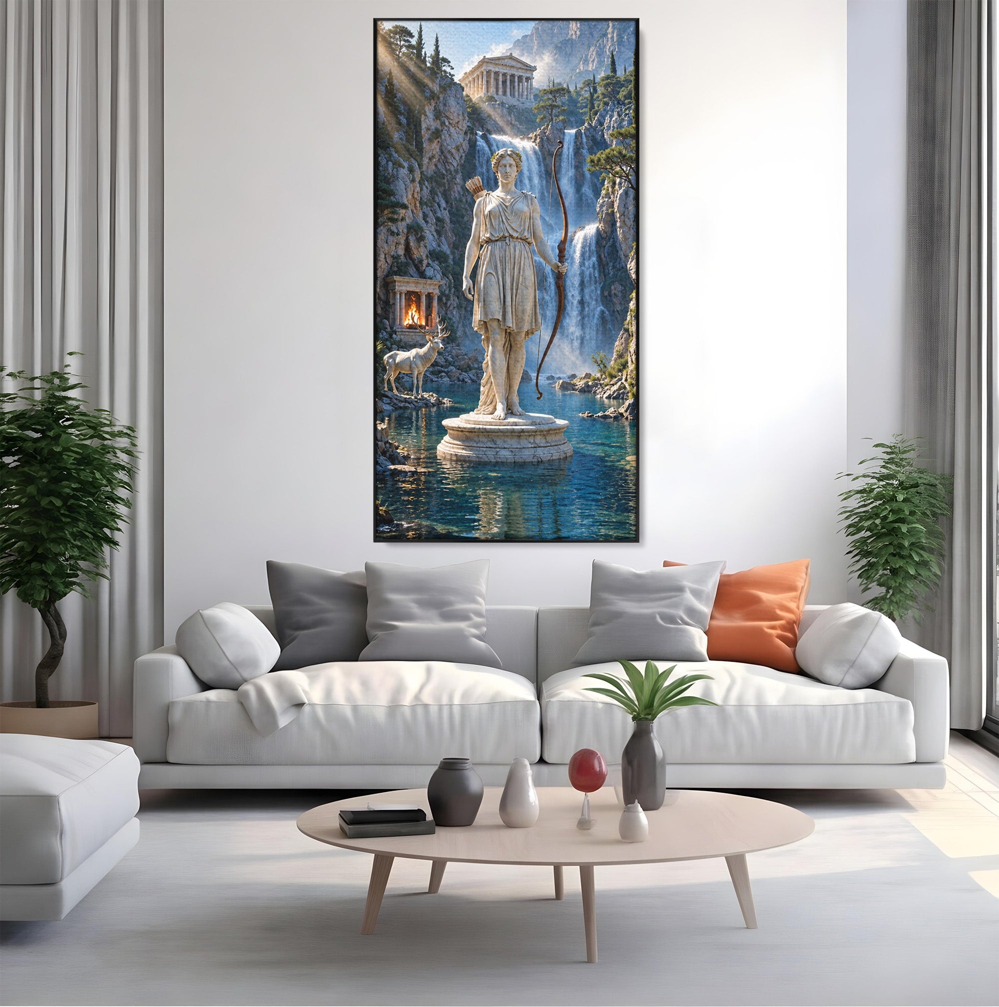 Tablou Canvas Premium LuxCanva® T1020, Zeita Arcaș, Peisaj Mitologic, Zeita, Mitologie, Statuie, Cascada, Living, Culori Vibrante