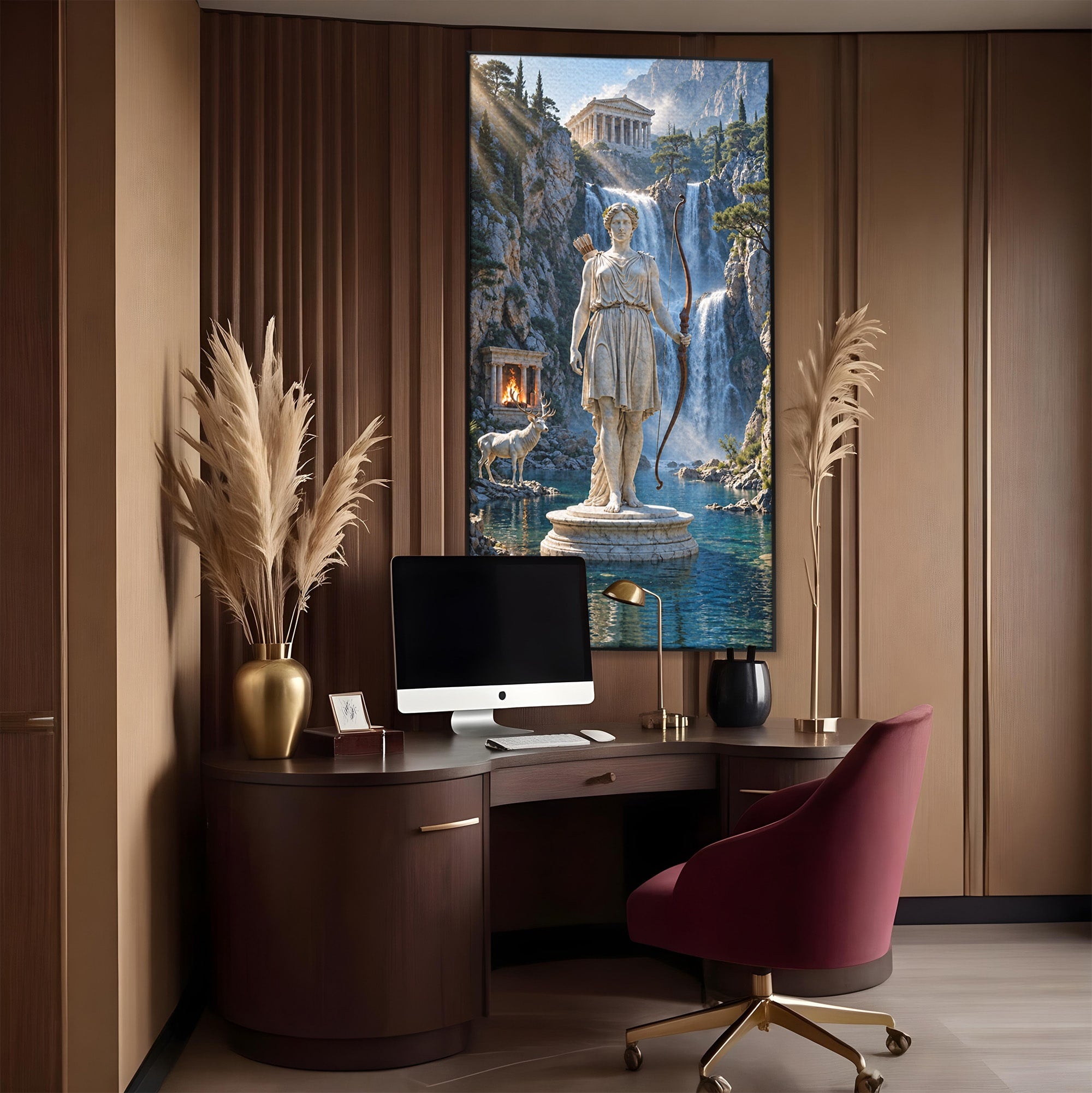 Tablou Canvas Premium LuxCanva® T1020, Zeita Arcaș, Peisaj Mitologic, Zeita, Mitologie, Statuie, Cascada, Living, Culori Vibrante