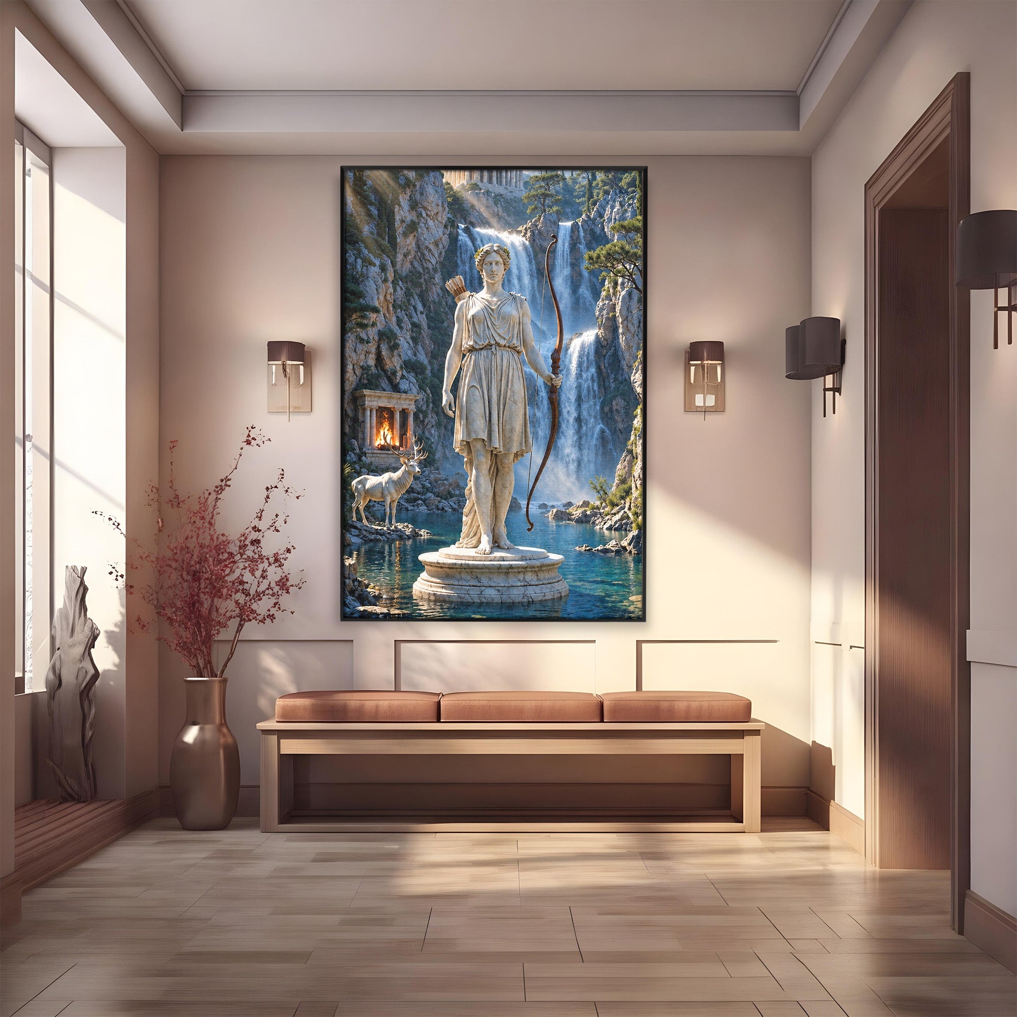 Tablou Canvas Premium LuxCanva® T1020, Zeita Arcaș, Peisaj Mitologic, Zeita, Mitologie, Statuie, Cascada, Living, Culori Vibrante