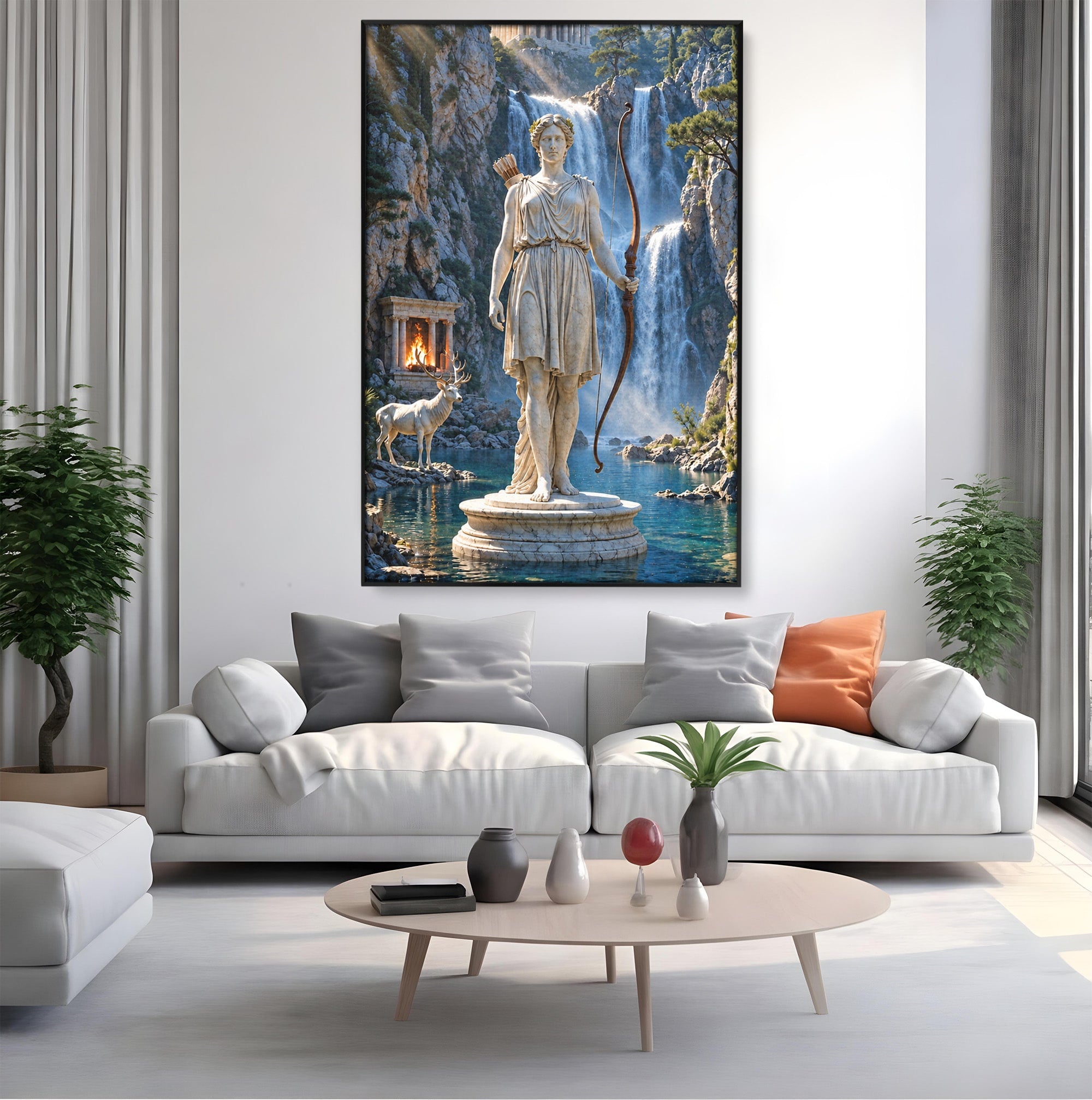 Tablou Canvas Premium LuxCanva® T1020, Zeita Arcaș, Peisaj Mitologic, Zeita, Mitologie, Statuie, Cascada, Living, Culori Vibrante