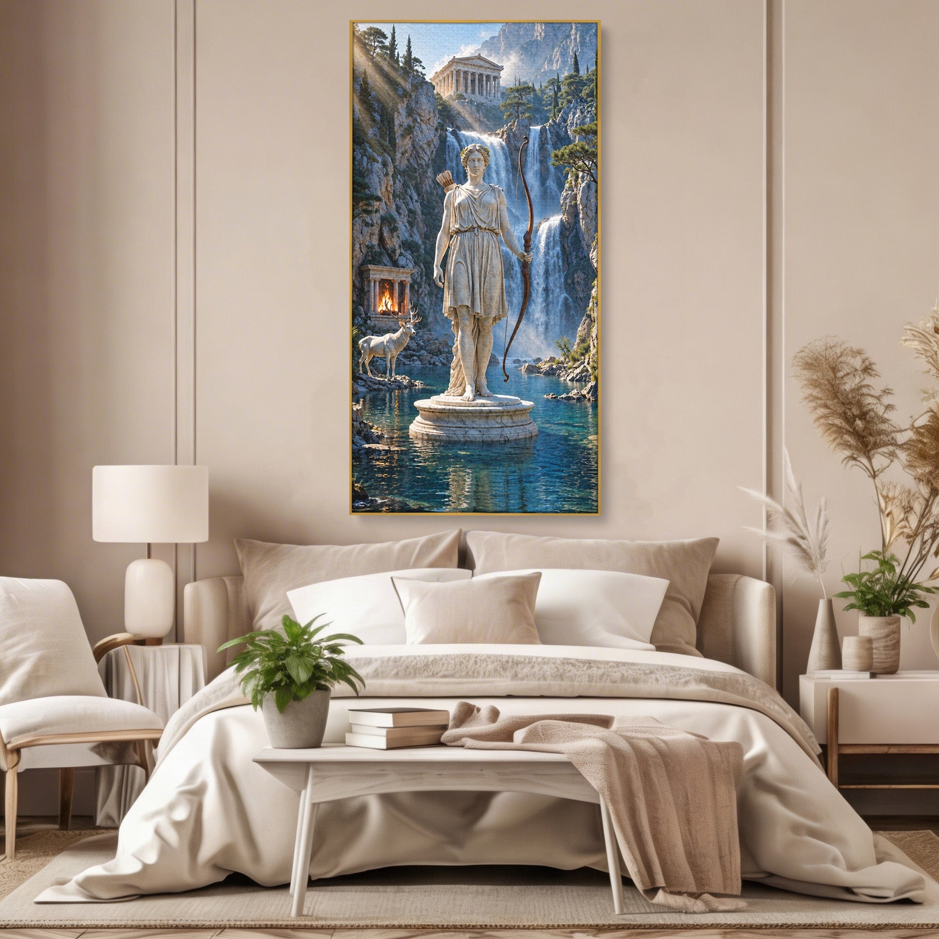 Tablou Canvas Premium LuxCanva® T1020, Zeita Arcaș, Peisaj Mitologic, Zeita, Mitologie, Statuie, Cascada, Living, Culori Vibrante