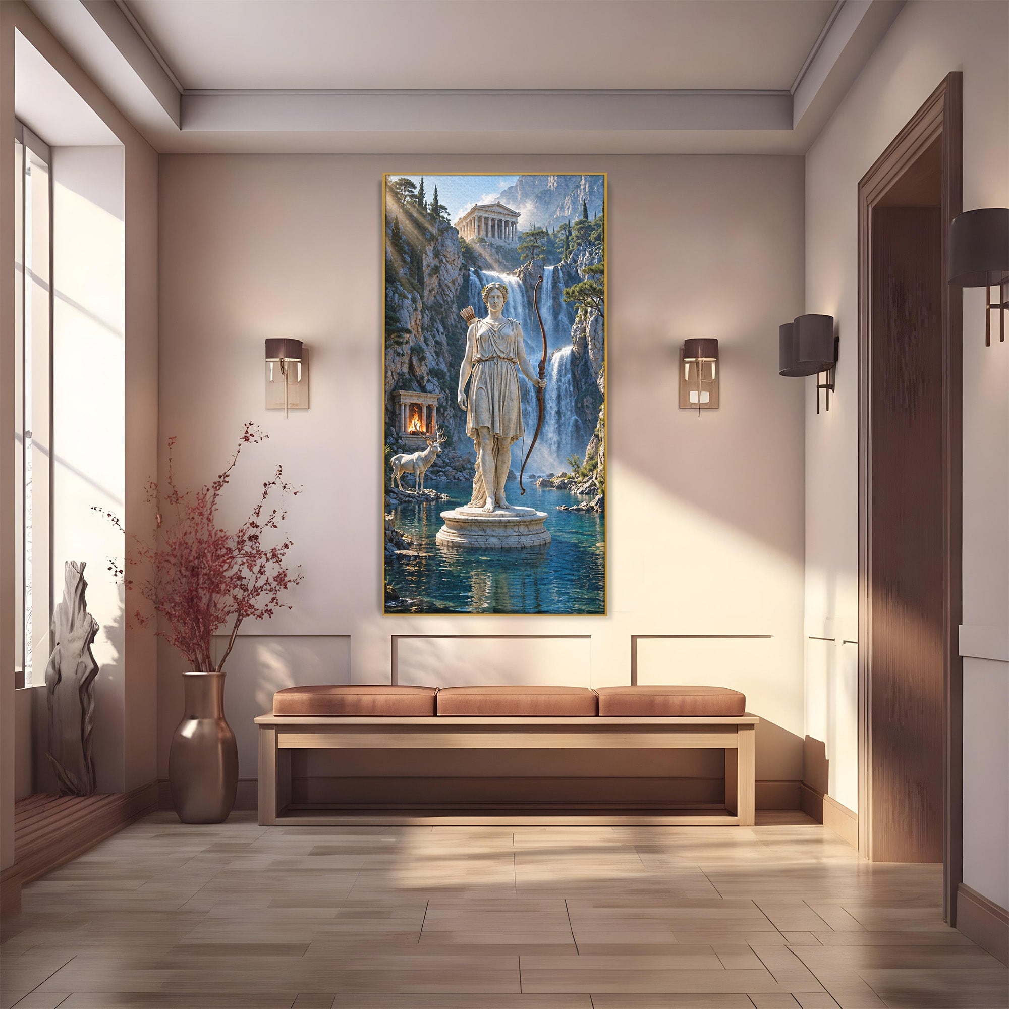 Tablou Canvas Premium LuxCanva® T1020, Zeita Arcaș, Peisaj Mitologic, Zeita, Mitologie, Statuie, Cascada, Living, Culori Vibrante