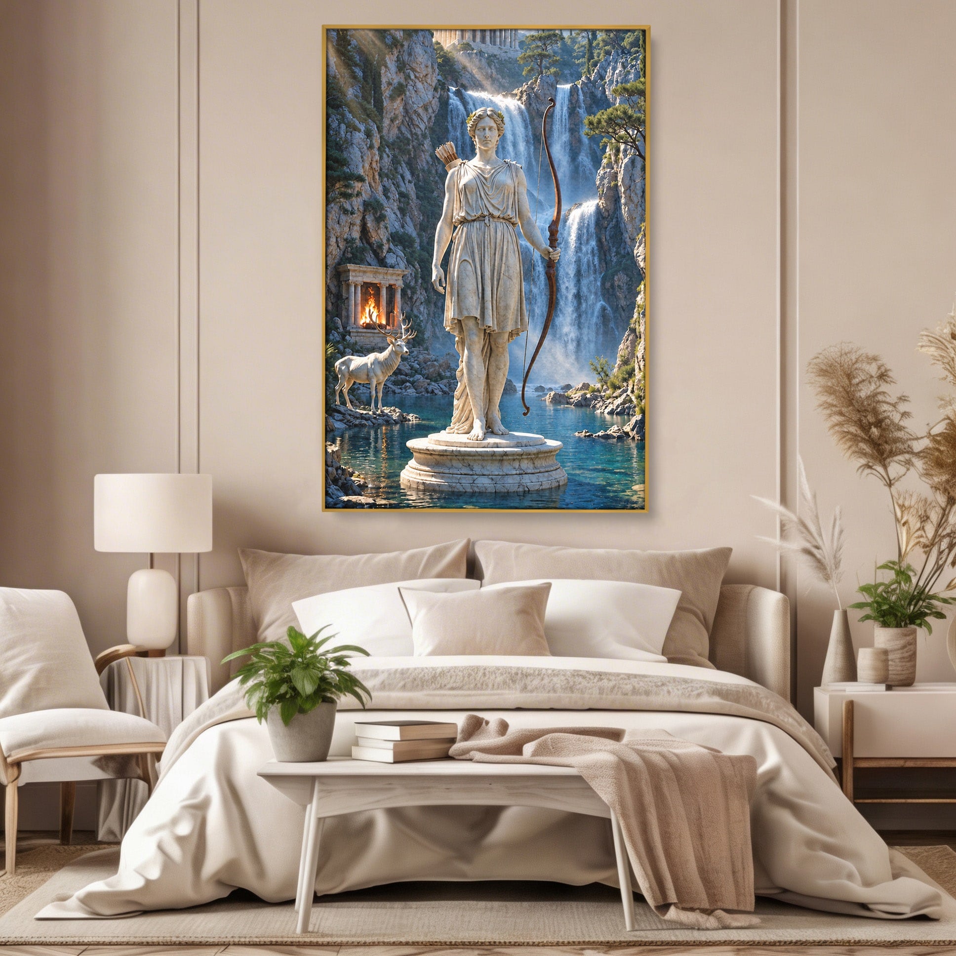 Tablou Canvas Premium LuxCanva® T1020, Zeita Arcaș, Peisaj Mitologic, Zeita, Mitologie, Statuie, Cascada, Living, Culori Vibrante