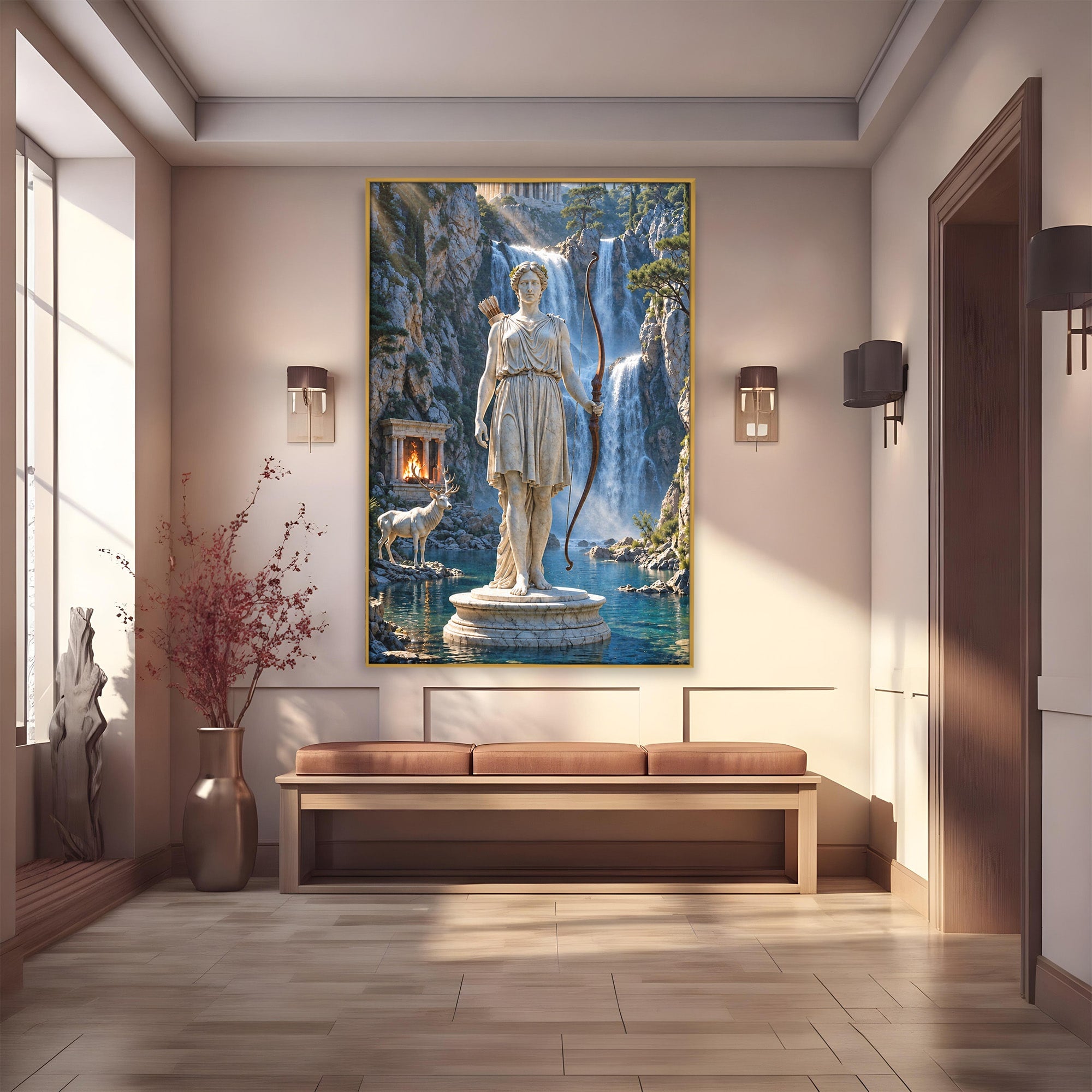 Tablou Canvas Premium LuxCanva® T1020, Zeita Arcaș, Peisaj Mitologic, Zeita, Mitologie, Statuie, Cascada, Living, Culori Vibrante