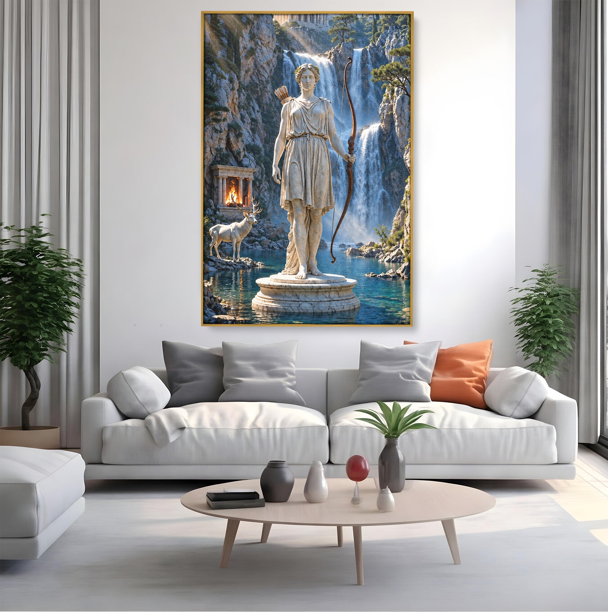 Tablou Canvas Premium LuxCanva® T1020, Zeita Arcaș, Peisaj Mitologic, Zeita, Mitologie, Statuie, Cascada, Living, Culori Vibrante
