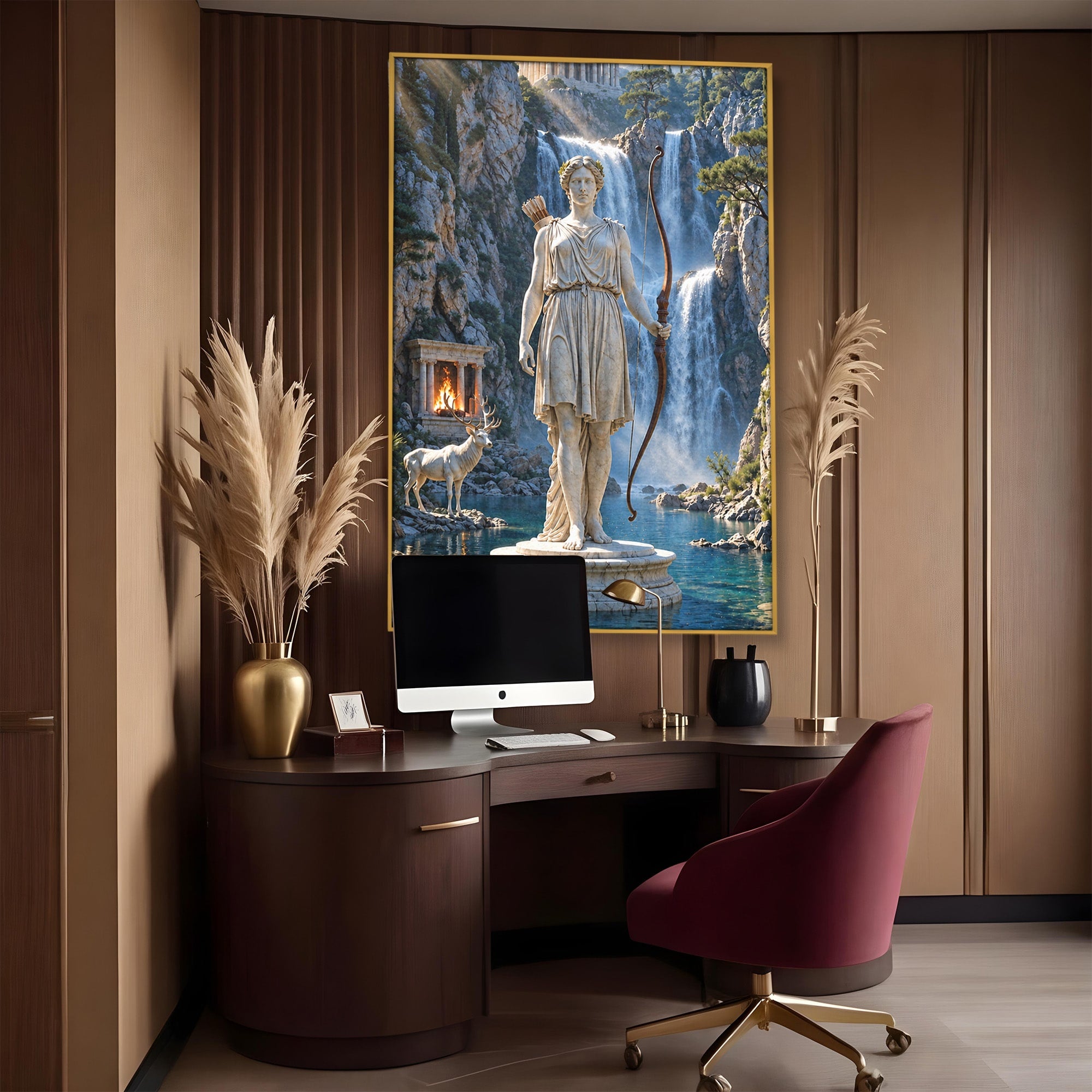 Tablou Canvas Premium LuxCanva® T1020, Zeita Arcaș, Peisaj Mitologic, Zeita, Mitologie, Statuie, Cascada, Living, Culori Vibrante