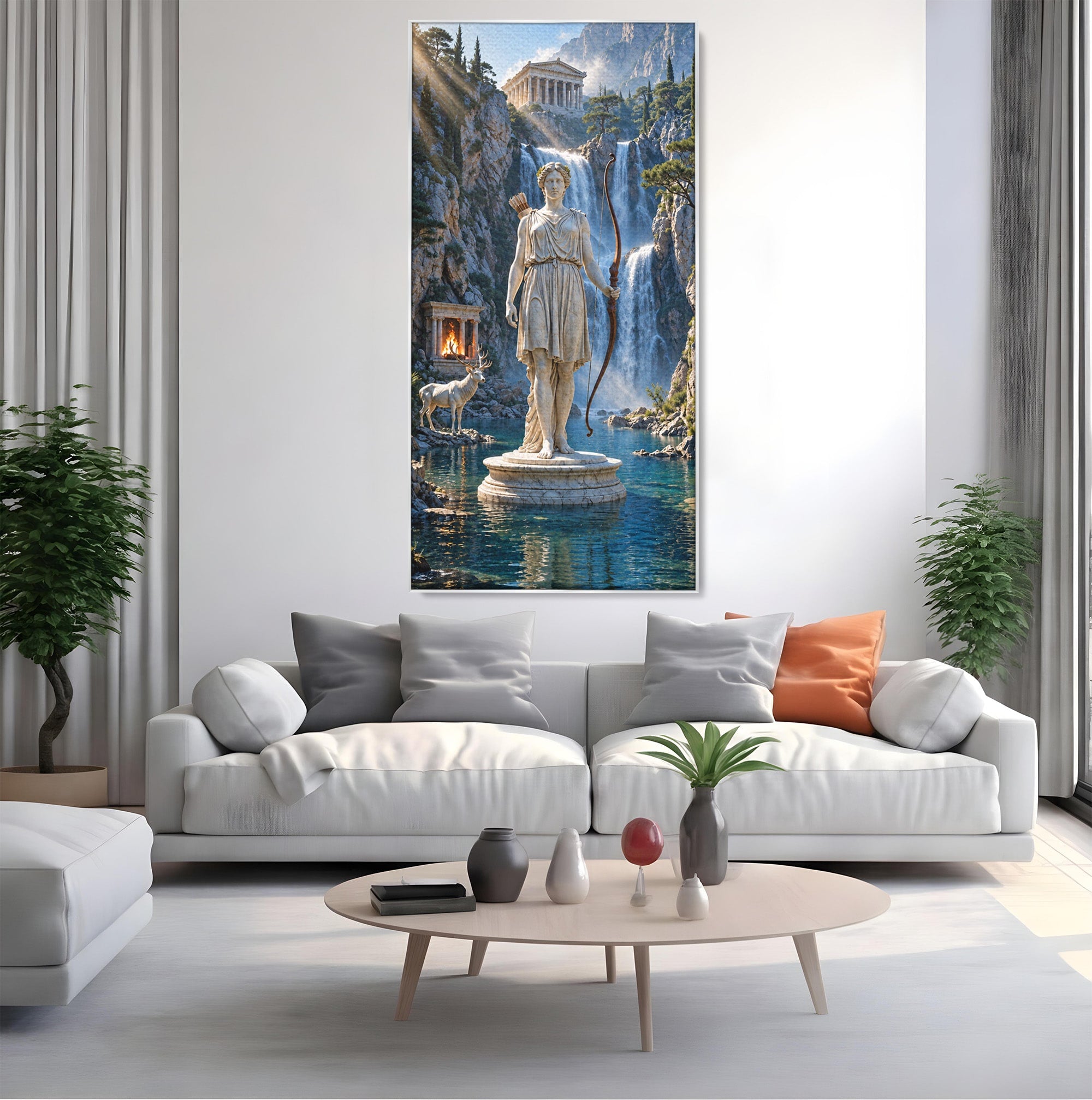 Tablou Canvas Premium LuxCanva® T1020, Zeita Arcaș, Peisaj Mitologic, Zeita, Mitologie, Statuie, Cascada, Living, Culori Vibrante