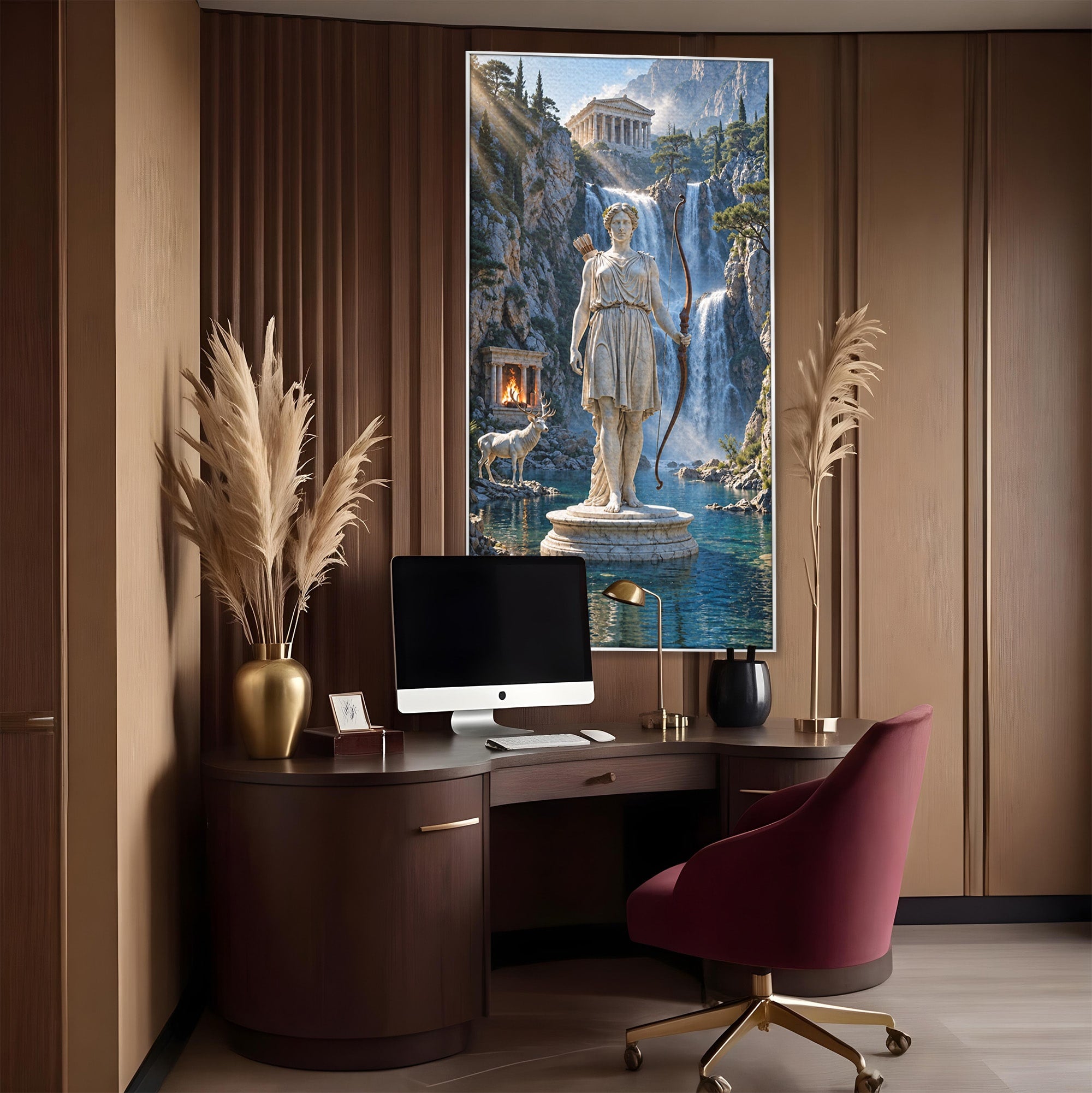 Tablou Canvas Premium LuxCanva® T1020, Zeita Arcaș, Peisaj Mitologic, Zeita, Mitologie, Statuie, Cascada, Living, Culori Vibrante
