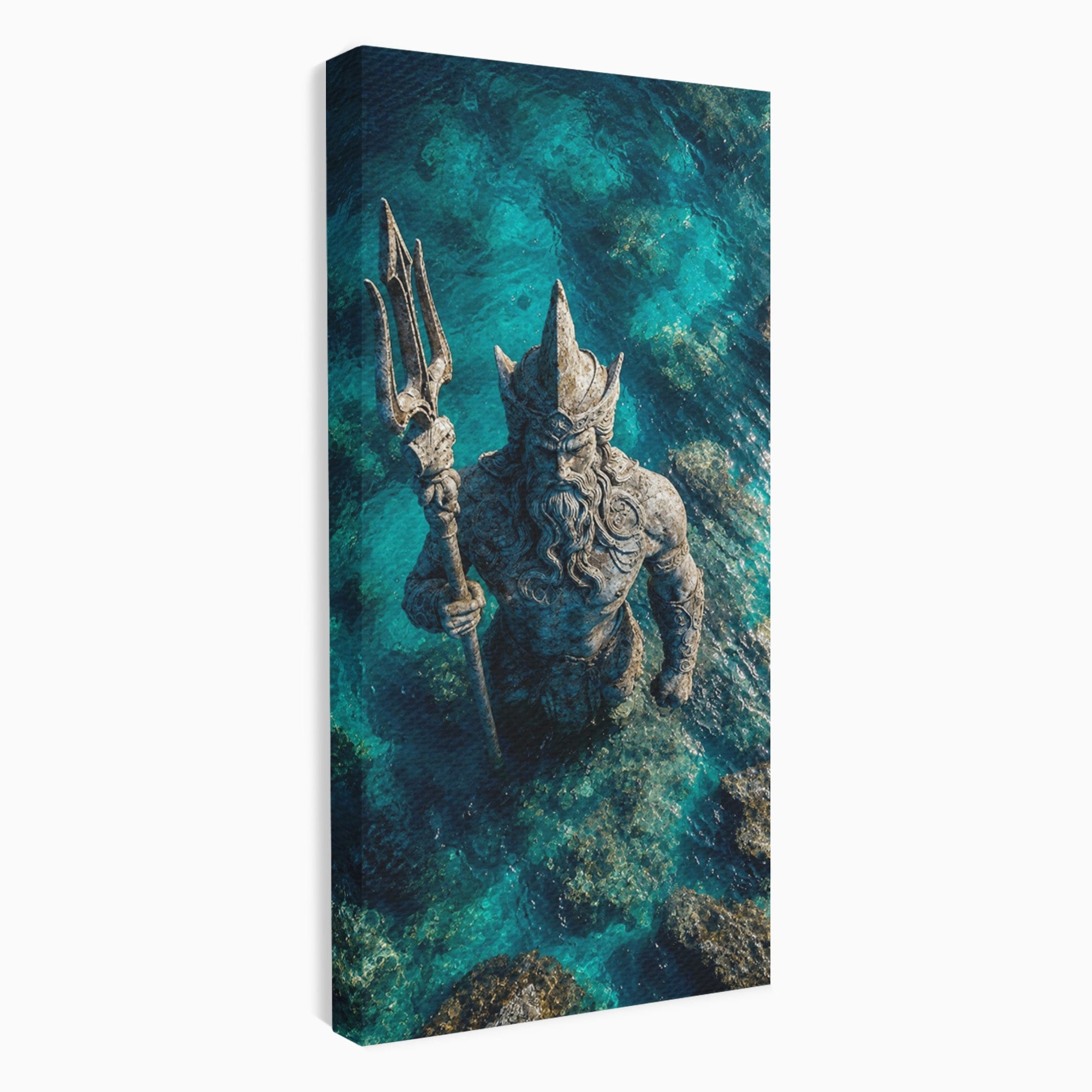 Tablou Canvas Premium LuxCanva® T1021, Poseidon In Adancuri, Poseidon, Statuie, Mare, Mitologie, Ocean, Living, Dormitor, Culori Vibrante