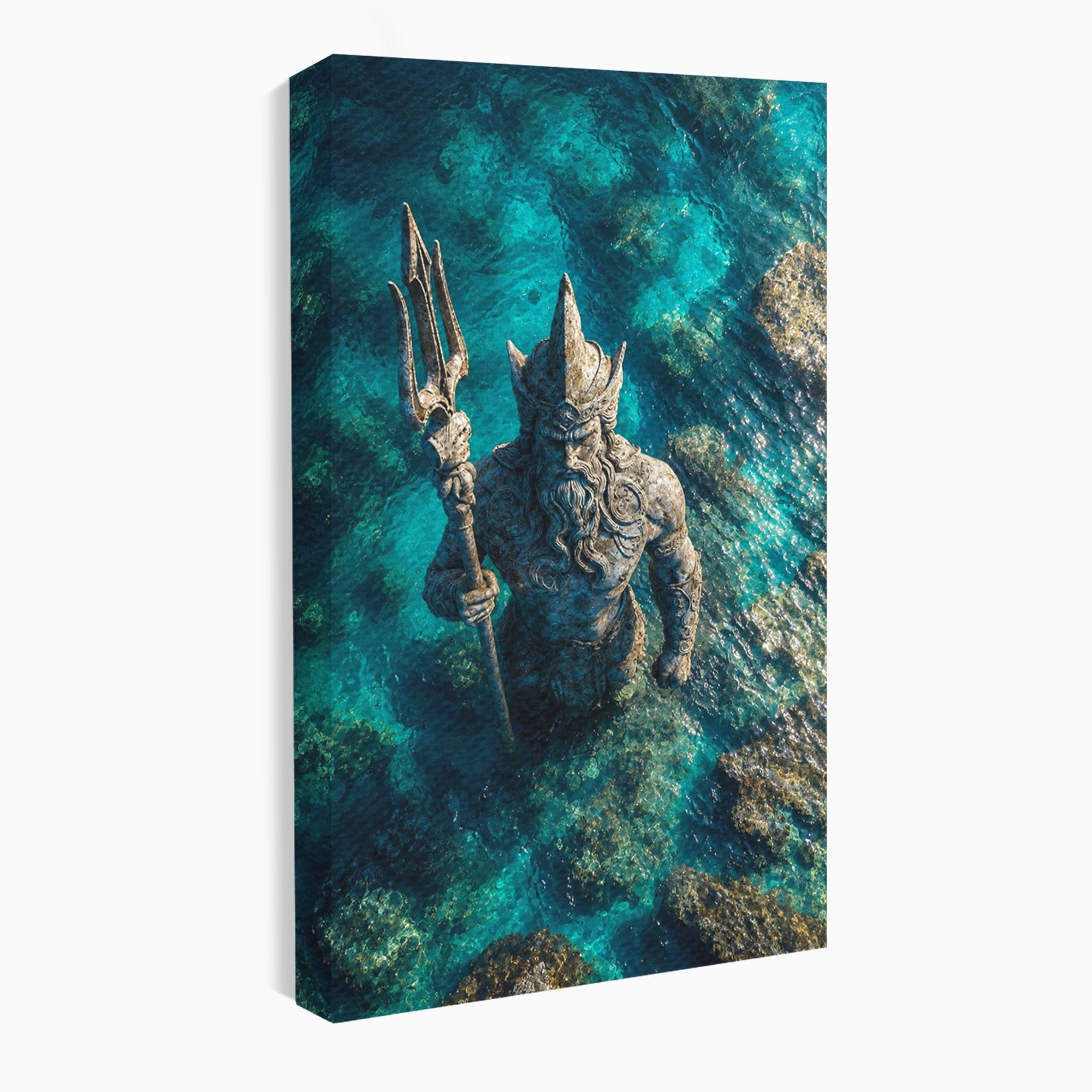 Tablou Canvas Premium LuxCanva® T1021, Poseidon In Adancuri, Poseidon, Statuie, Mare, Mitologie, Ocean, Living, Dormitor, Culori Vibrante