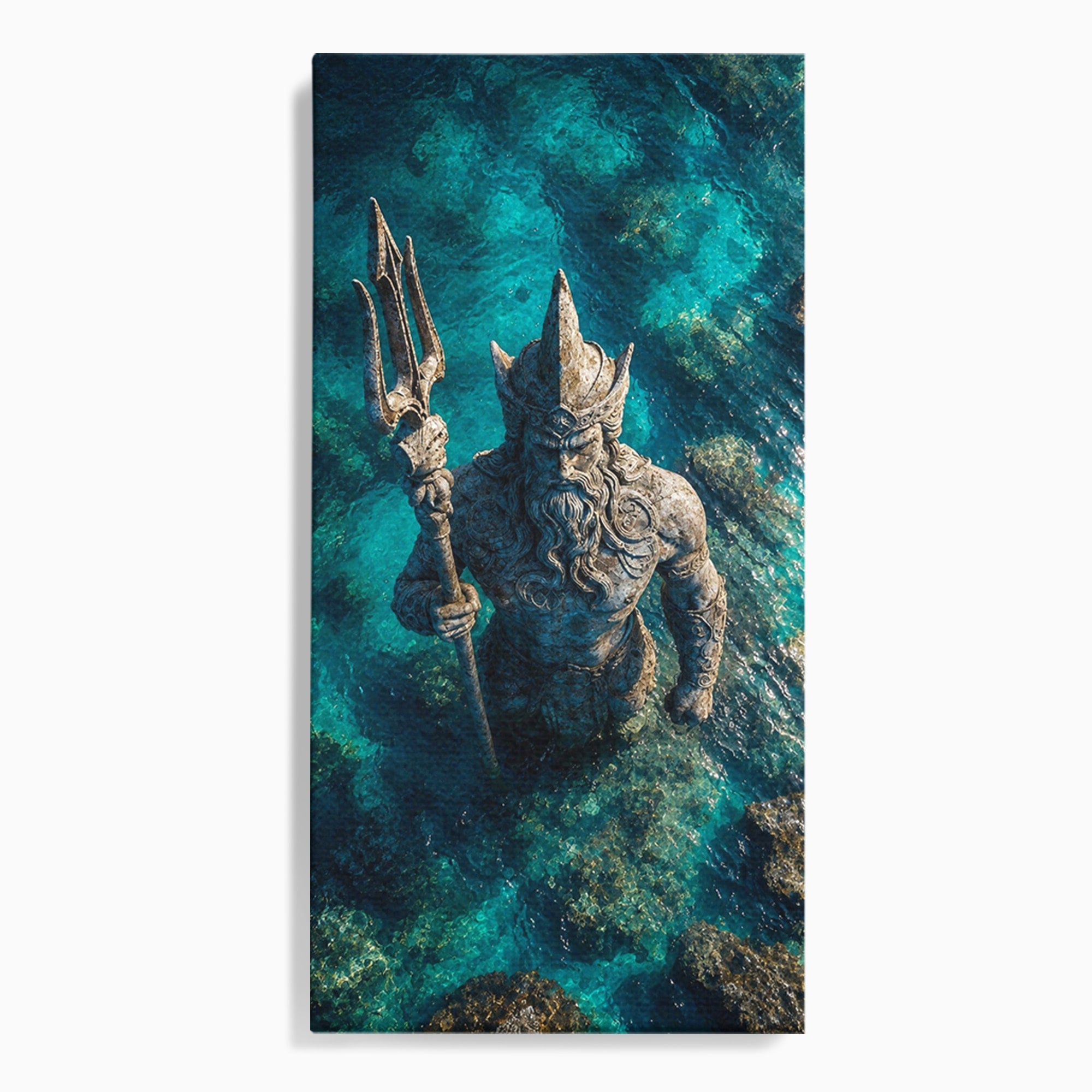 Tablou Canvas Premium LuxCanva® T1021, Poseidon In Adancuri, Poseidon, Statuie, Mare, Mitologie, Ocean, Living, Dormitor, Culori Vibrante