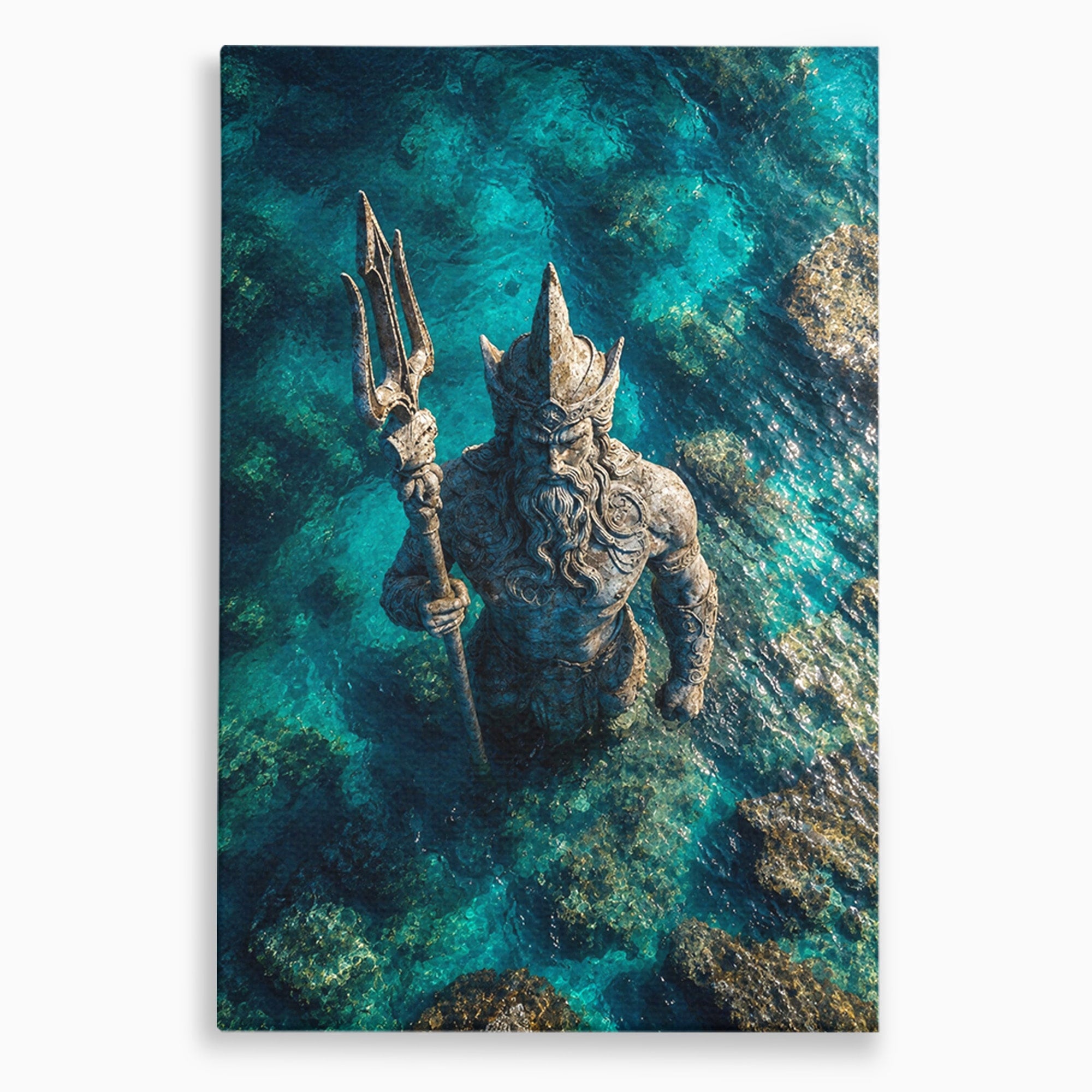 Tablou Canvas Premium LuxCanva® T1021, Poseidon In Adancuri, Poseidon, Statuie, Mare, Mitologie, Ocean, Living, Dormitor, Culori Vibrante