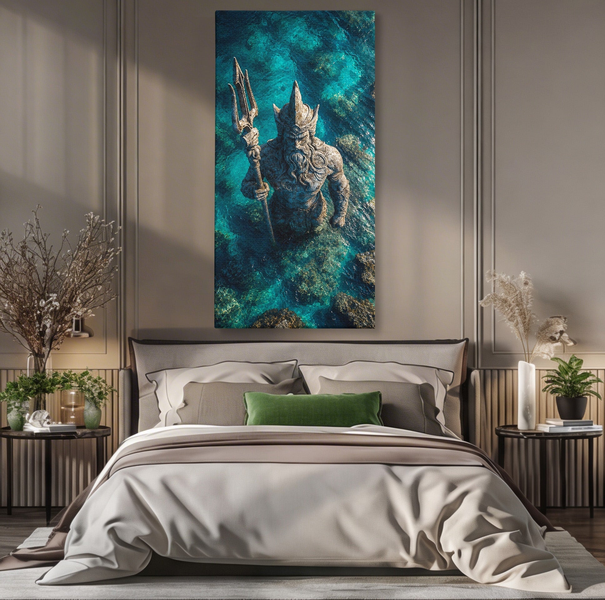 Tablou Canvas Premium LuxCanva® T1021, Poseidon In Adancuri, Poseidon, Statuie, Mare, Mitologie, Ocean, Living, Dormitor, Culori Vibrante