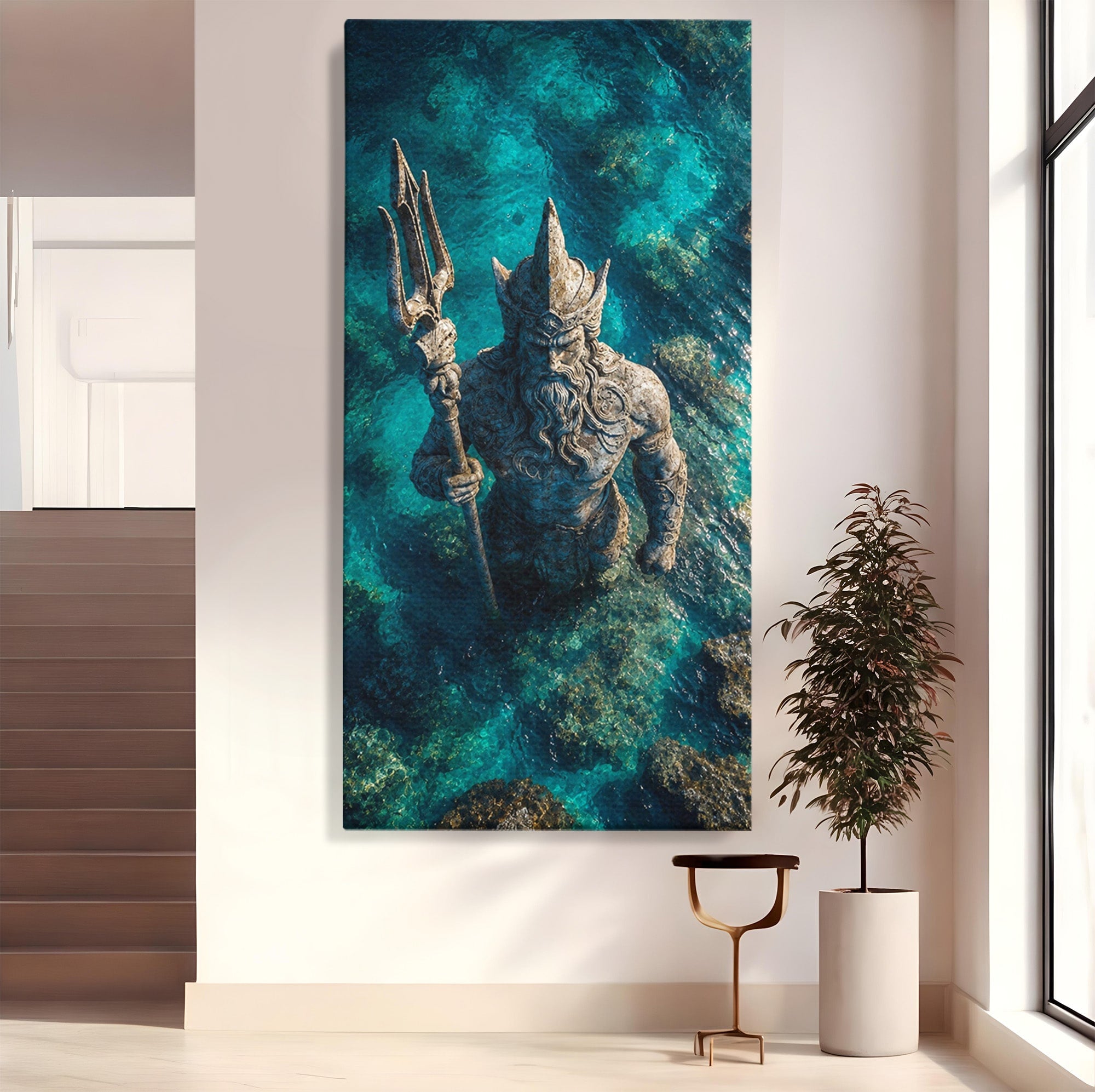 Tablou Canvas Premium LuxCanva® T1021, Poseidon In Adancuri, Poseidon, Statuie, Mare, Mitologie, Ocean, Living, Dormitor, Culori Vibrante