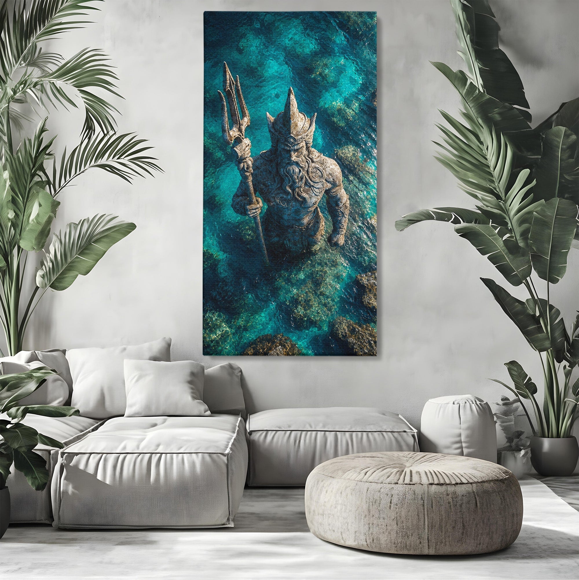 Tablou Canvas Premium LuxCanva® T1021, Poseidon In Adancuri, Poseidon, Statuie, Mare, Mitologie, Ocean, Living, Dormitor, Culori Vibrante