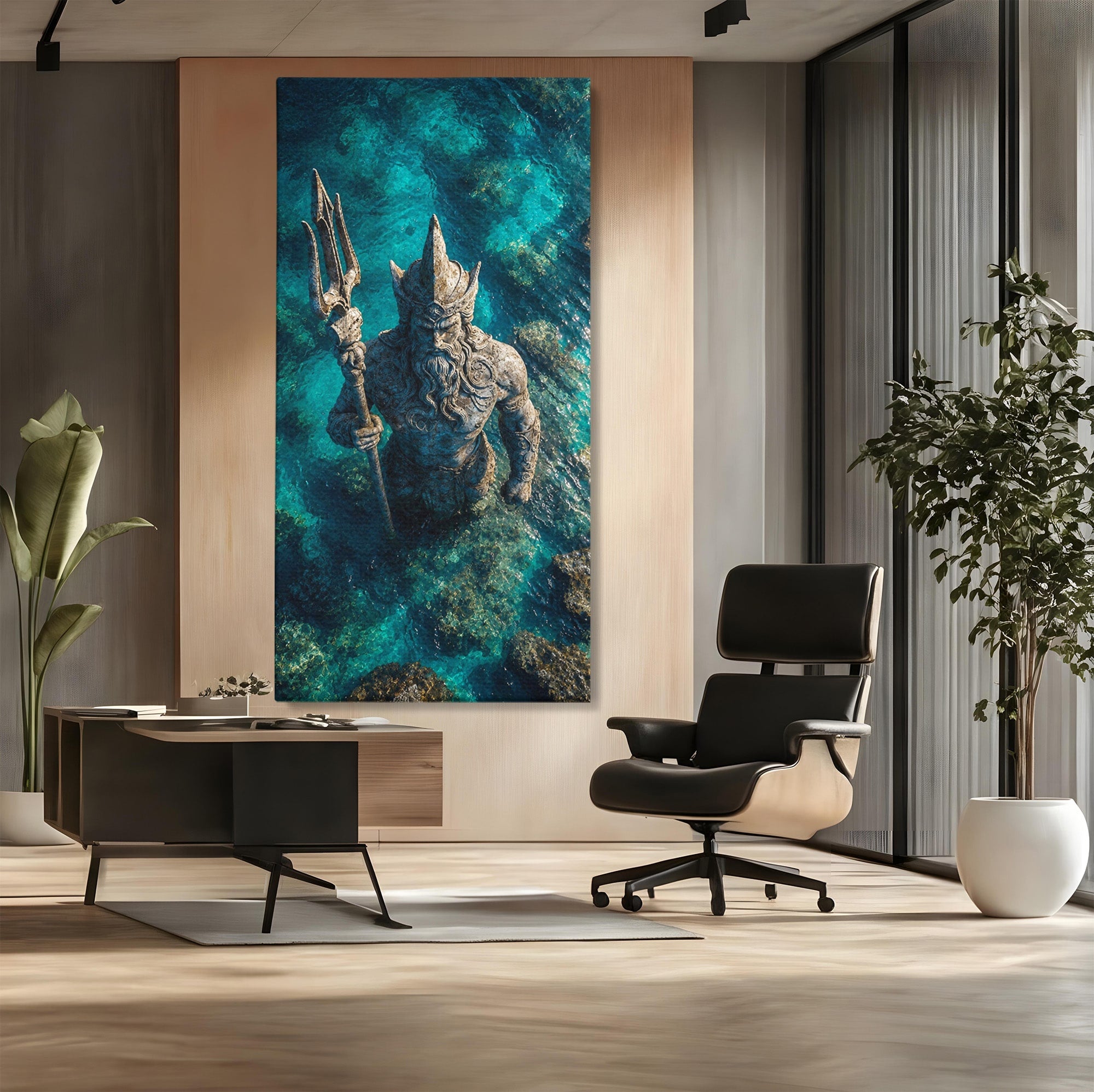 Tablou Canvas Premium LuxCanva® T1021, Poseidon In Adancuri, Poseidon, Statuie, Mare, Mitologie, Ocean, Living, Dormitor, Culori Vibrante