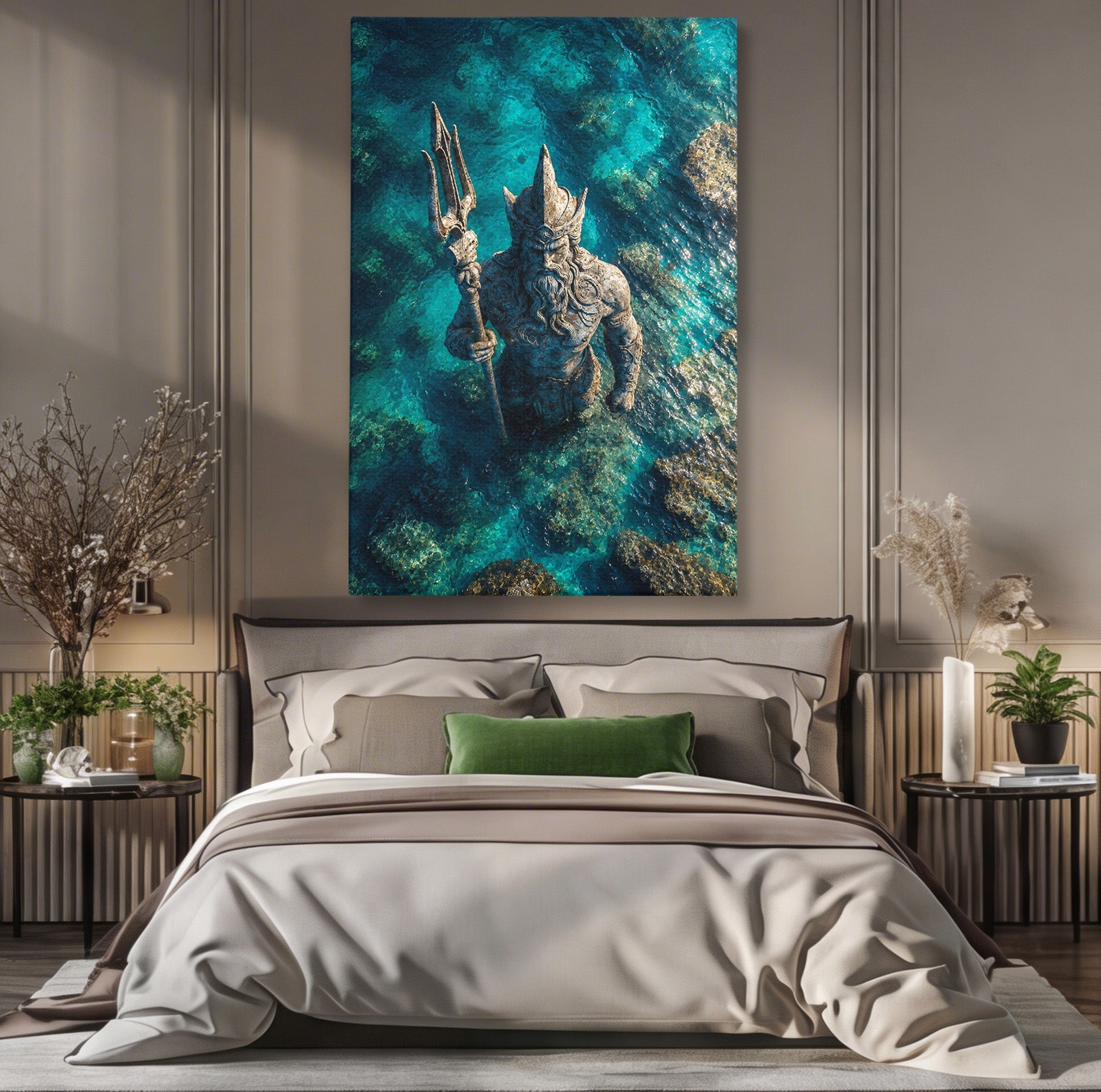 Tablou Canvas Premium LuxCanva® T1021, Poseidon In Adancuri, Poseidon, Statuie, Mare, Mitologie, Ocean, Living, Dormitor, Culori Vibrante