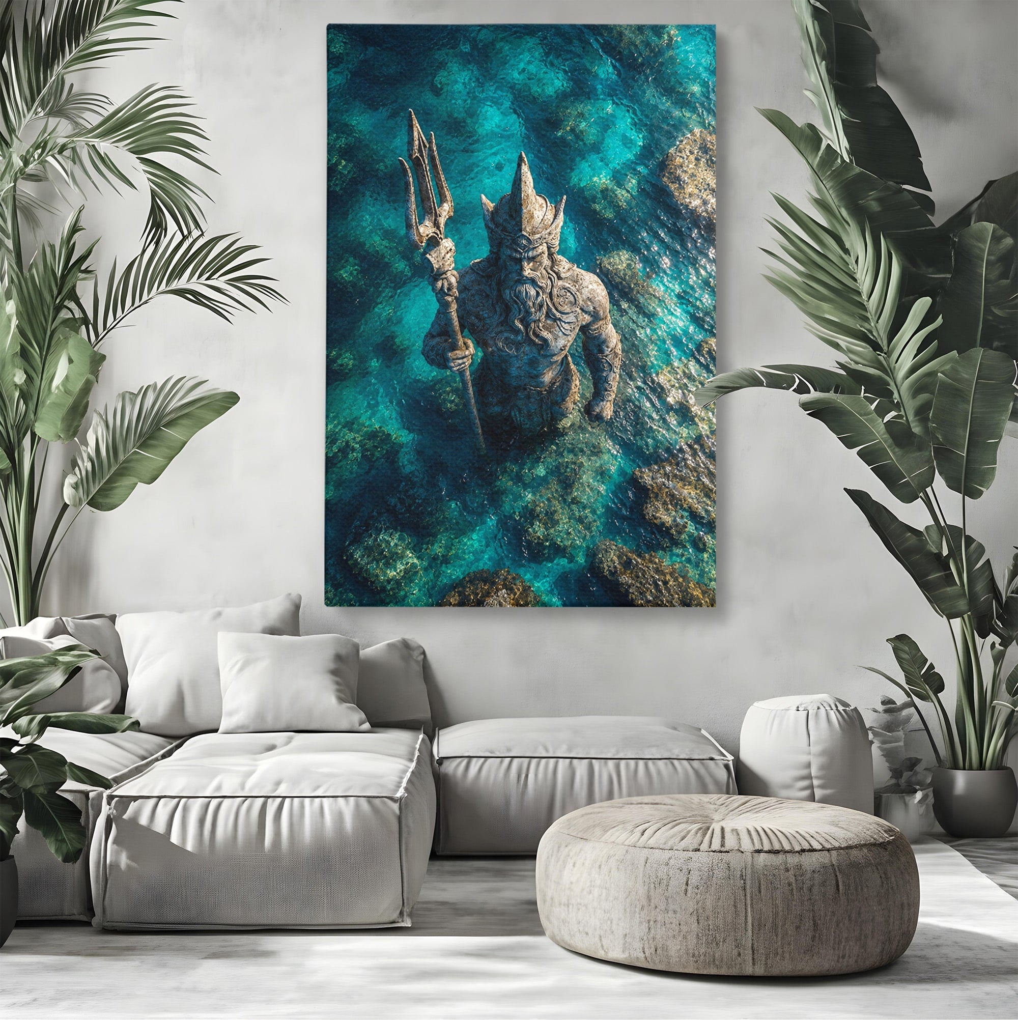 Tablou Canvas Premium LuxCanva® T1021, Poseidon In Adancuri, Poseidon, Statuie, Mare, Mitologie, Ocean, Living, Dormitor, Culori Vibrante
