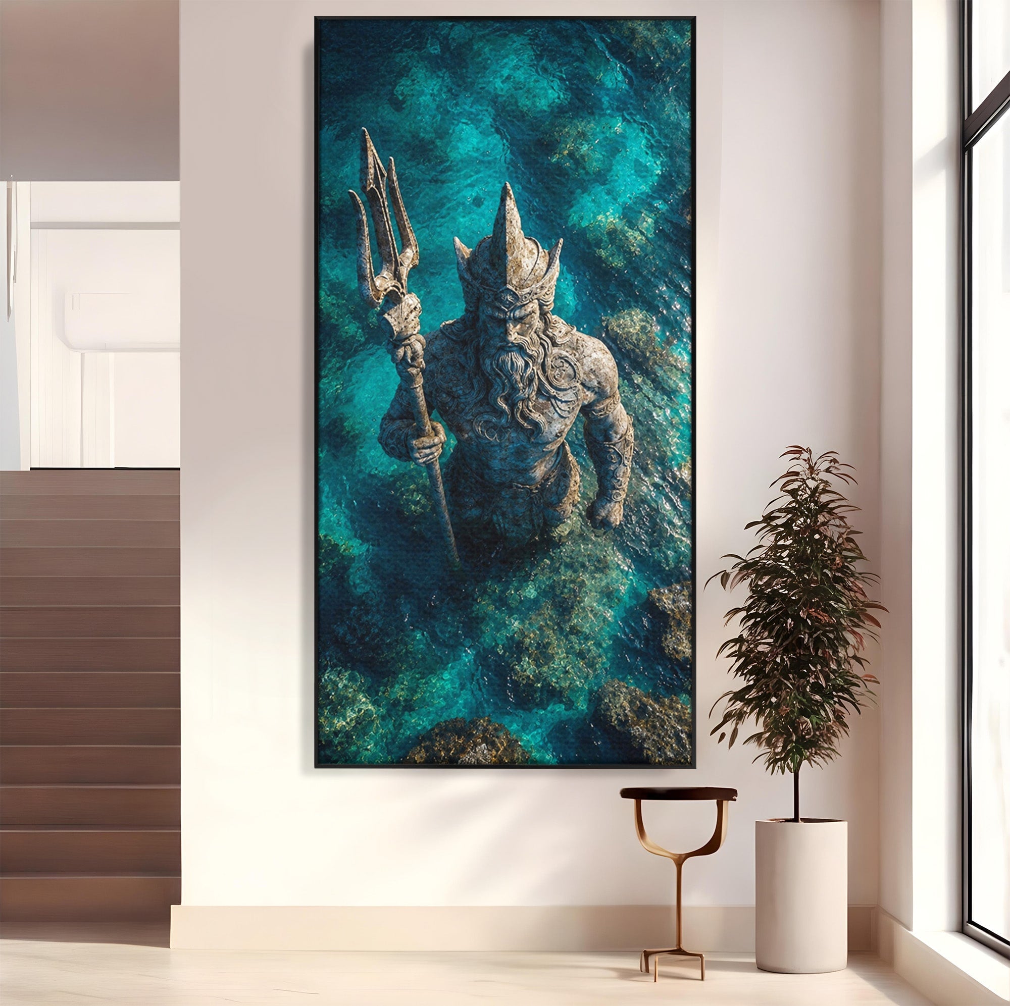 Tablou Canvas Premium LuxCanva® T1021, Poseidon In Adancuri, Poseidon, Statuie, Mare, Mitologie, Ocean, Living, Dormitor, Culori Vibrante