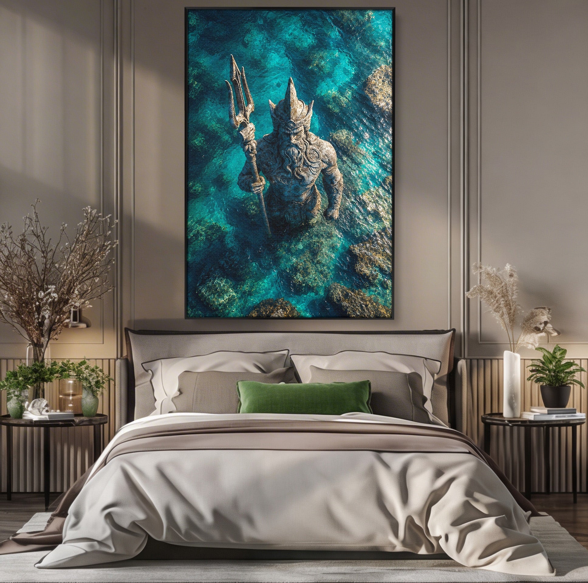 Tablou Canvas Premium LuxCanva® T1021, Poseidon In Adancuri, Poseidon, Statuie, Mare, Mitologie, Ocean, Living, Dormitor, Culori Vibrante