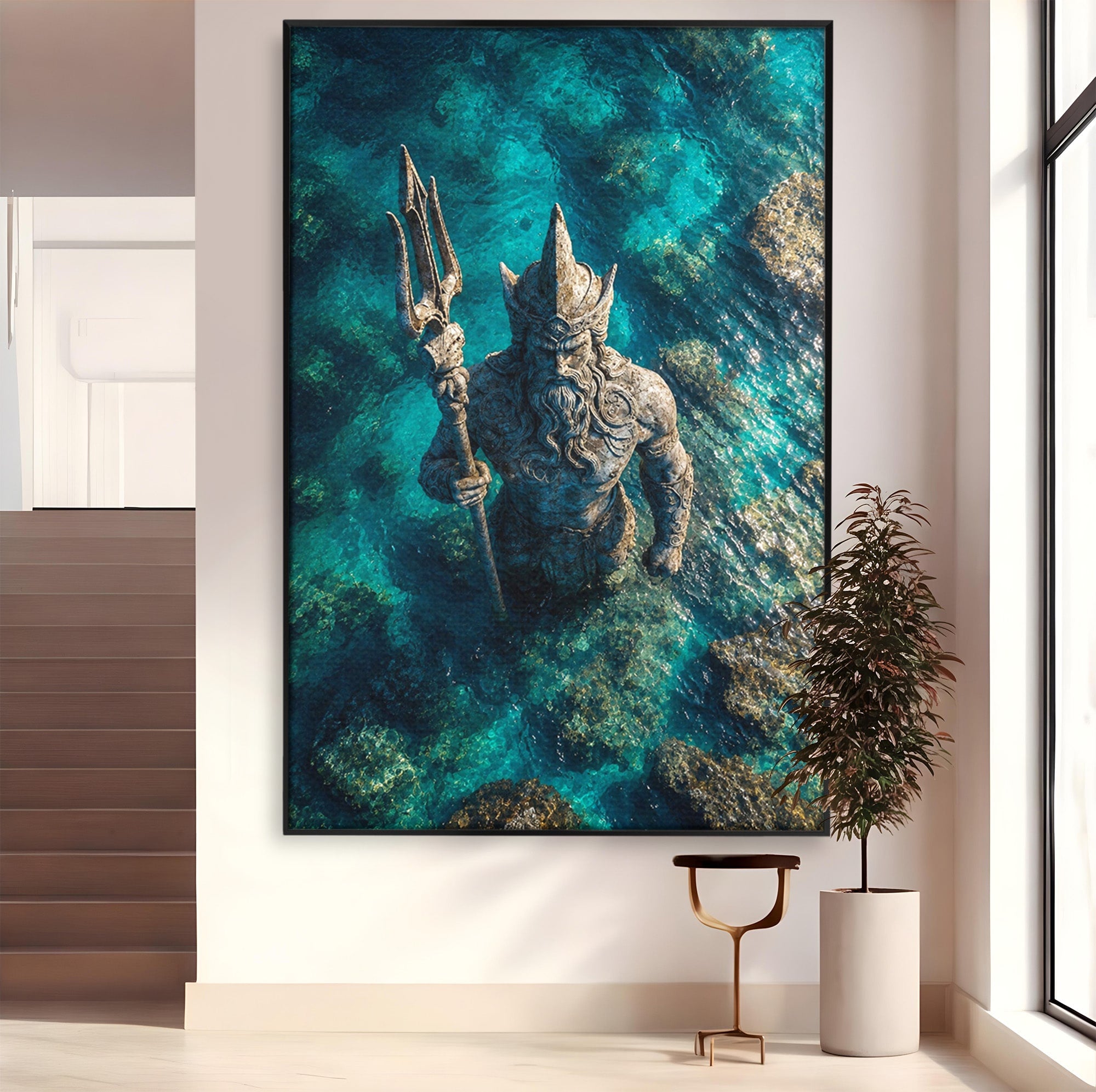 Tablou Canvas Premium LuxCanva® T1021, Poseidon In Adancuri, Poseidon, Statuie, Mare, Mitologie, Ocean, Living, Dormitor, Culori Vibrante