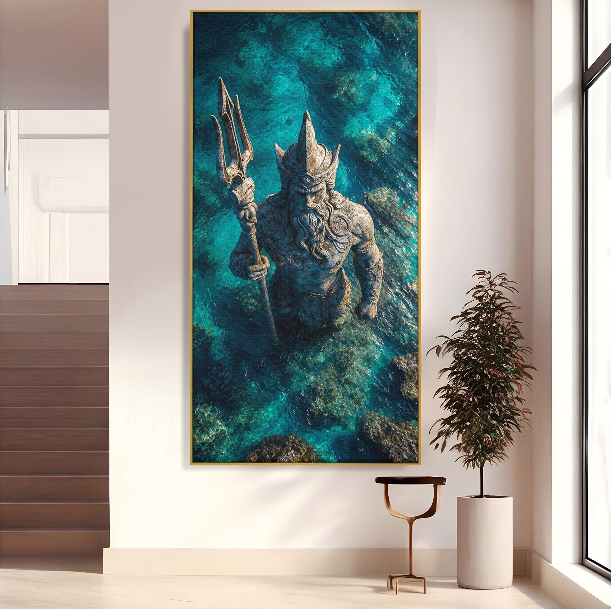 Tablou Canvas Premium LuxCanva® T1021, Poseidon In Adancuri, Poseidon, Statuie, Mare, Mitologie, Ocean, Living, Dormitor, Culori Vibrante