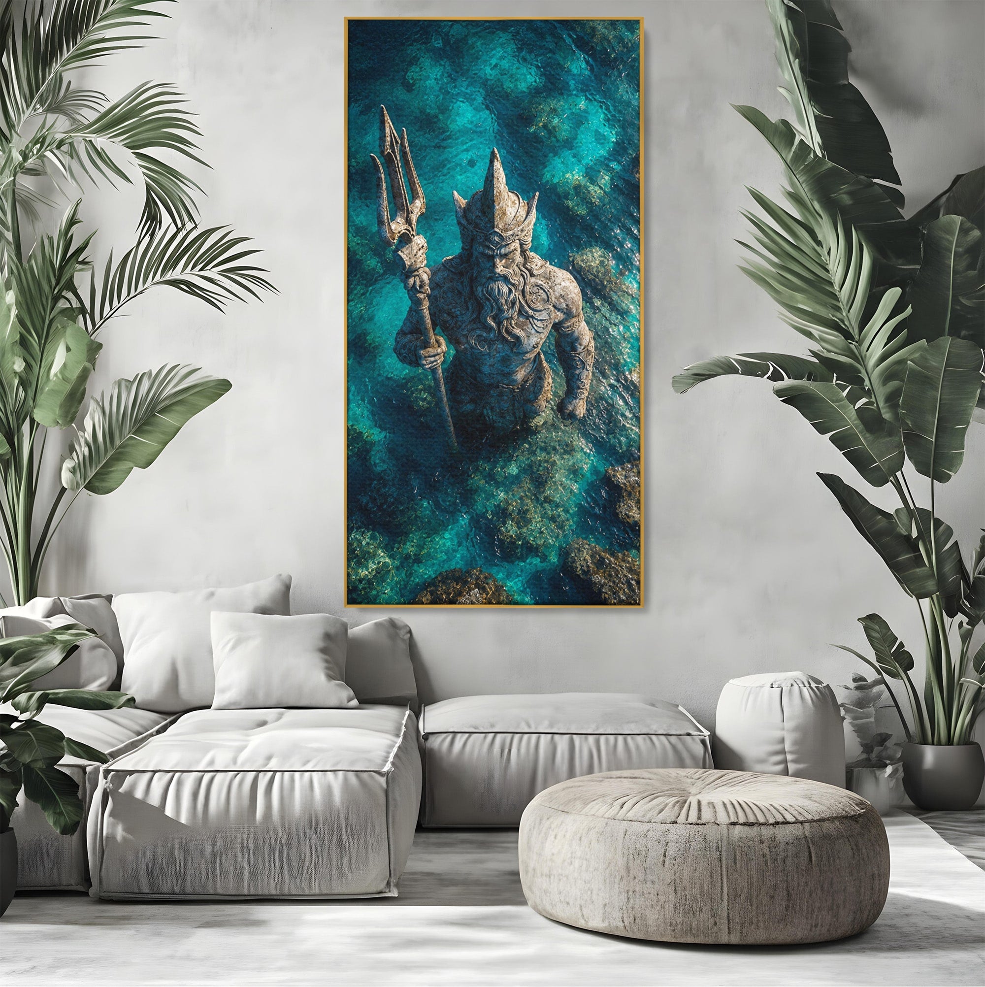 Tablou Canvas Premium LuxCanva® T1021, Poseidon In Adancuri, Poseidon, Statuie, Mare, Mitologie, Ocean, Living, Dormitor, Culori Vibrante