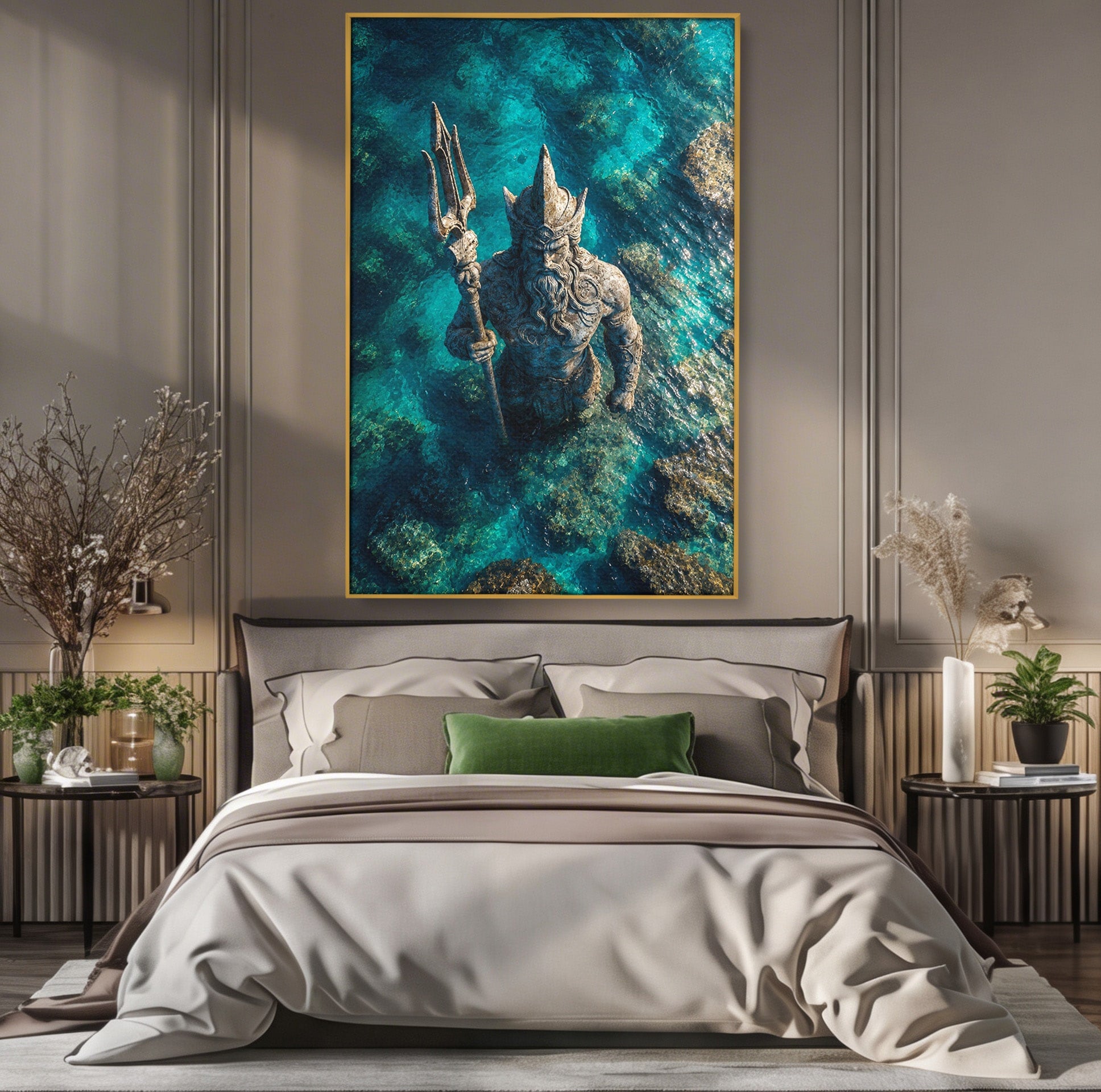 Tablou Canvas Premium LuxCanva® T1021, Poseidon In Adancuri, Poseidon, Statuie, Mare, Mitologie, Ocean, Living, Dormitor, Culori Vibrante