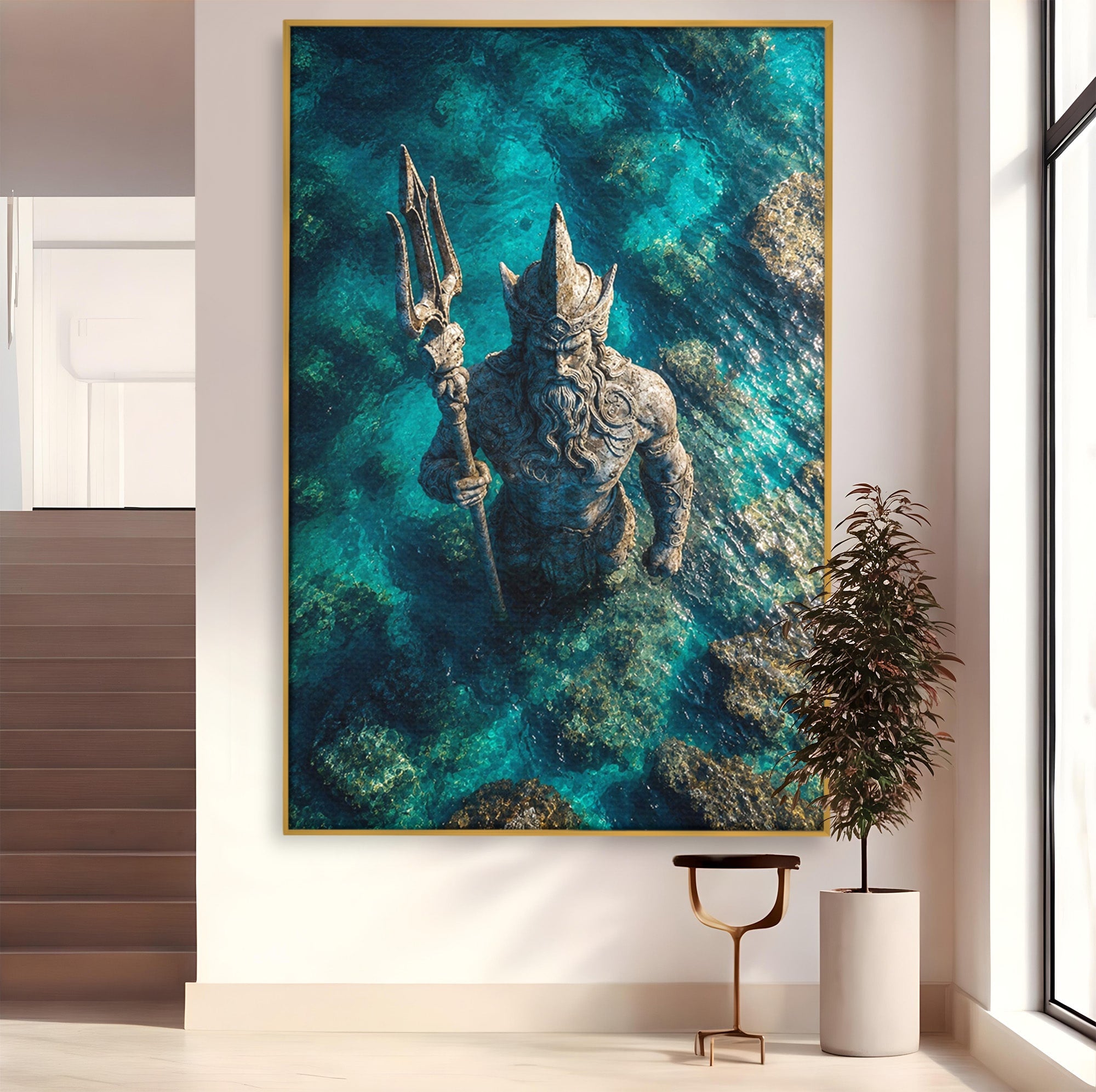 Tablou Canvas Premium LuxCanva® T1021, Poseidon In Adancuri, Poseidon, Statuie, Mare, Mitologie, Ocean, Living, Dormitor, Culori Vibrante