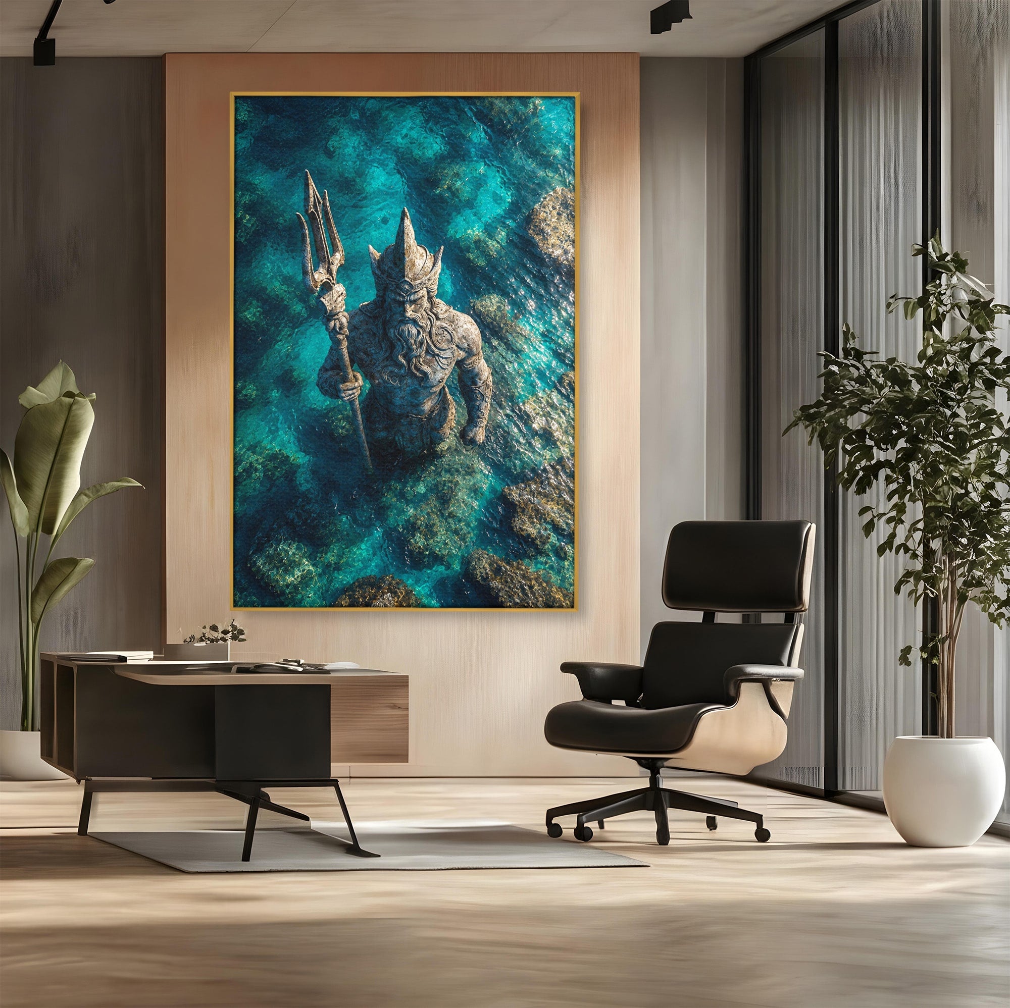 Tablou Canvas Premium LuxCanva® T1021, Poseidon In Adancuri, Poseidon, Statuie, Mare, Mitologie, Ocean, Living, Dormitor, Culori Vibrante