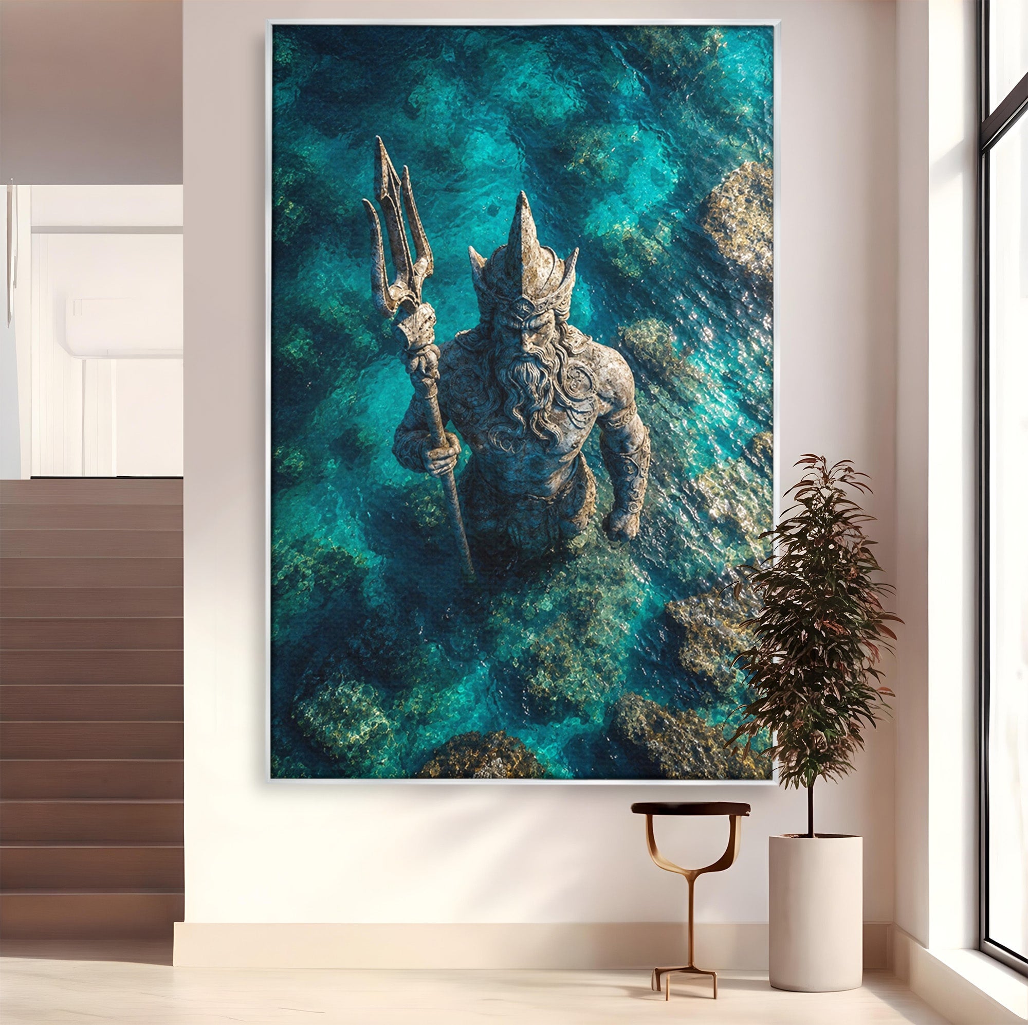 Tablou Canvas Premium LuxCanva® T1021, Poseidon In Adancuri, Poseidon, Statuie, Mare, Mitologie, Ocean, Living, Dormitor, Culori Vibrante