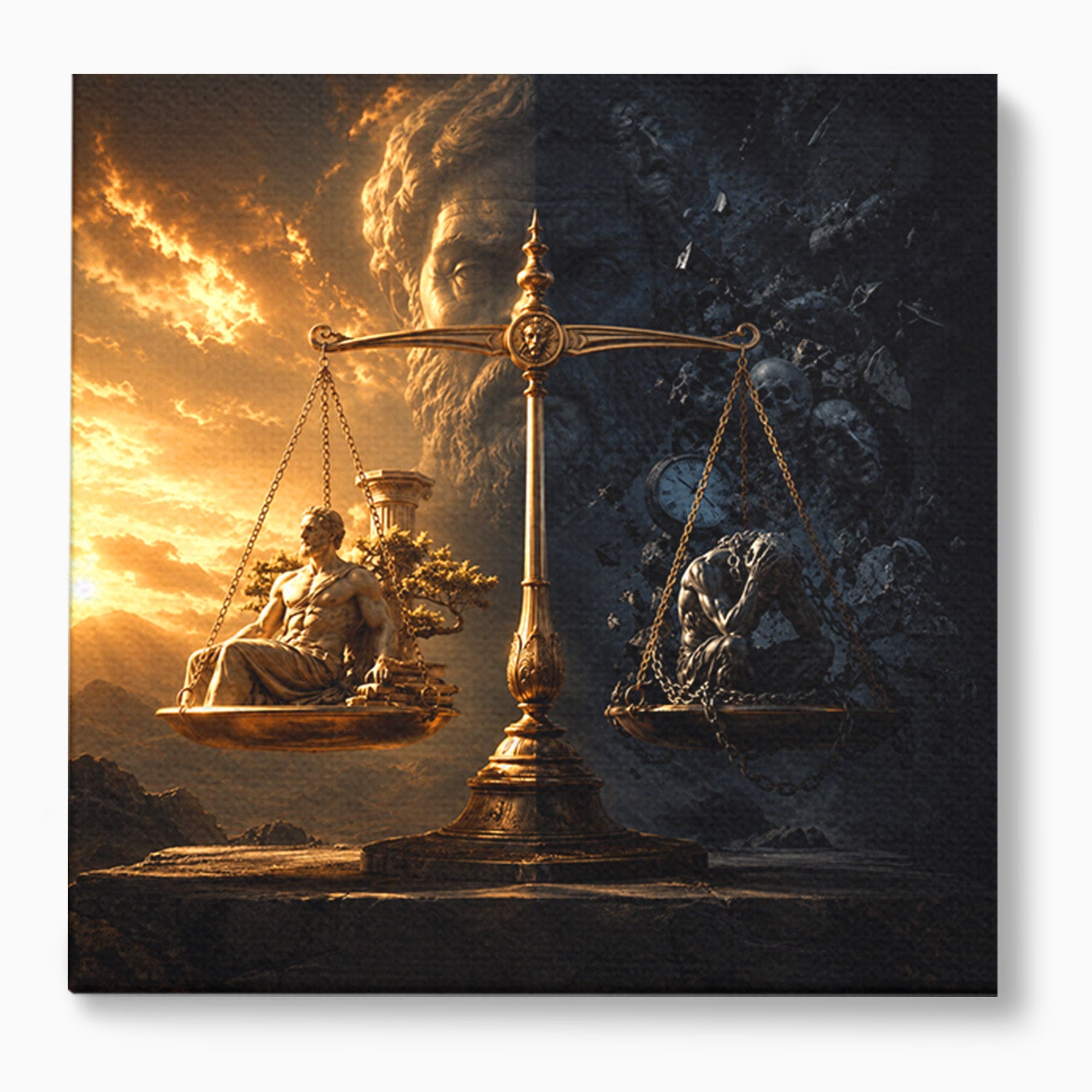 Tablou Canvas Premium LuxCanva® T1027, Balanta Zeilor, Balanta, Zeitate, Mitologie, Apus, Living, Culori Vibrante