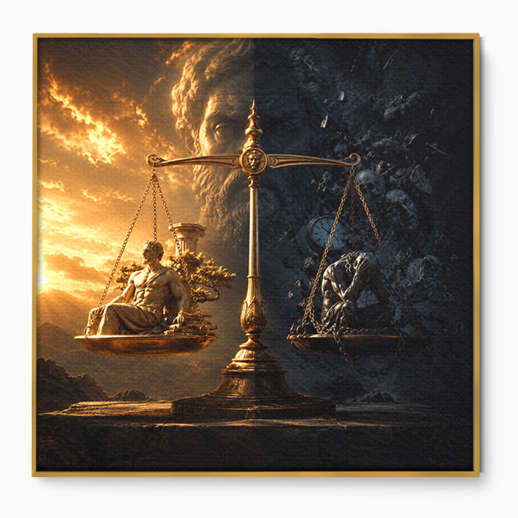 Tablou Canvas Premium LuxCanva® T1027, Balanta Zeilor, Balanta, Zeitate, Mitologie, Apus, Living, Culori Vibrante