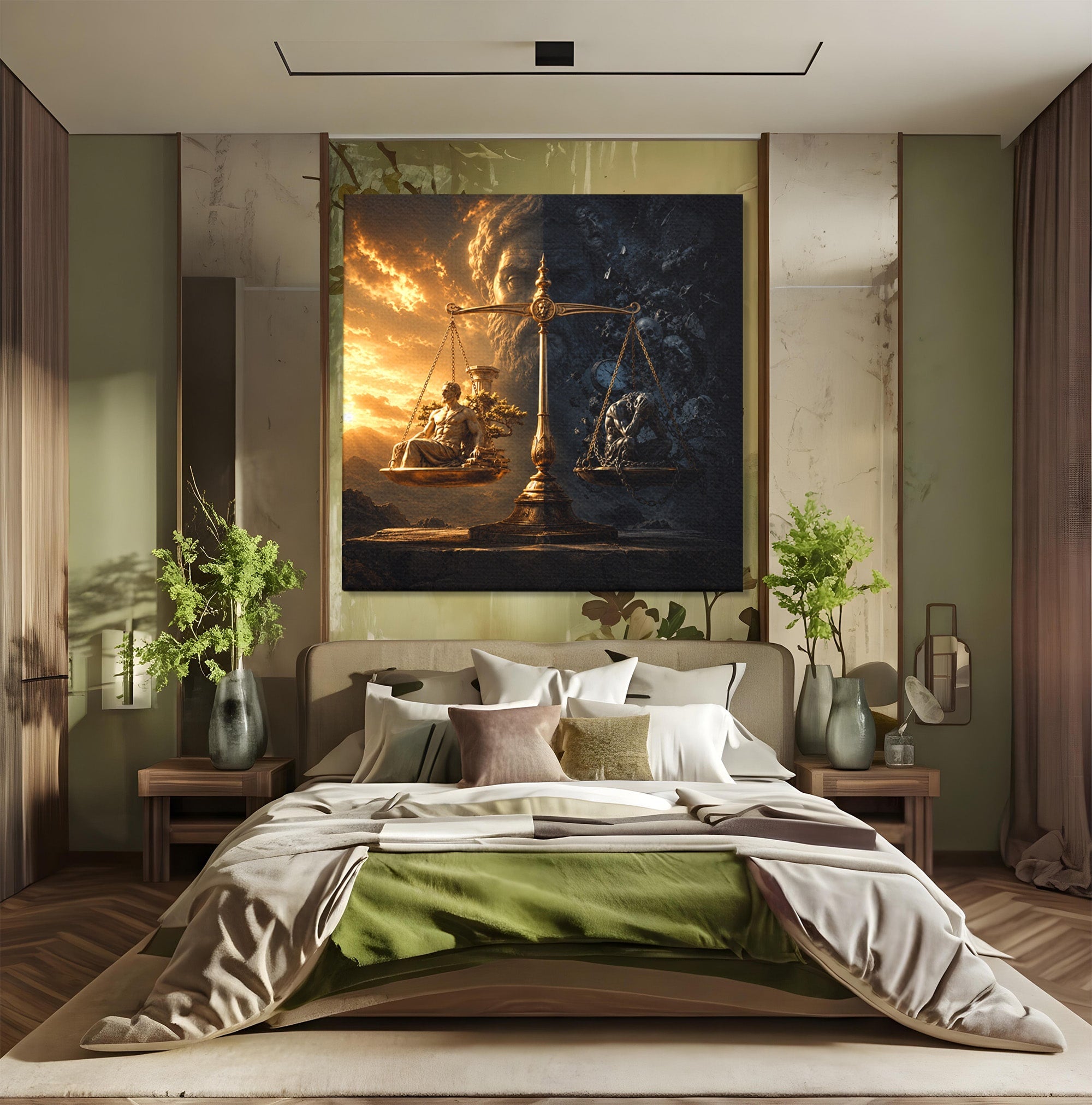 Tablou Canvas Premium LuxCanva® T1027, Balanta Zeilor, Balanta, Zeitate, Mitologie, Apus, Living, Culori Vibrante