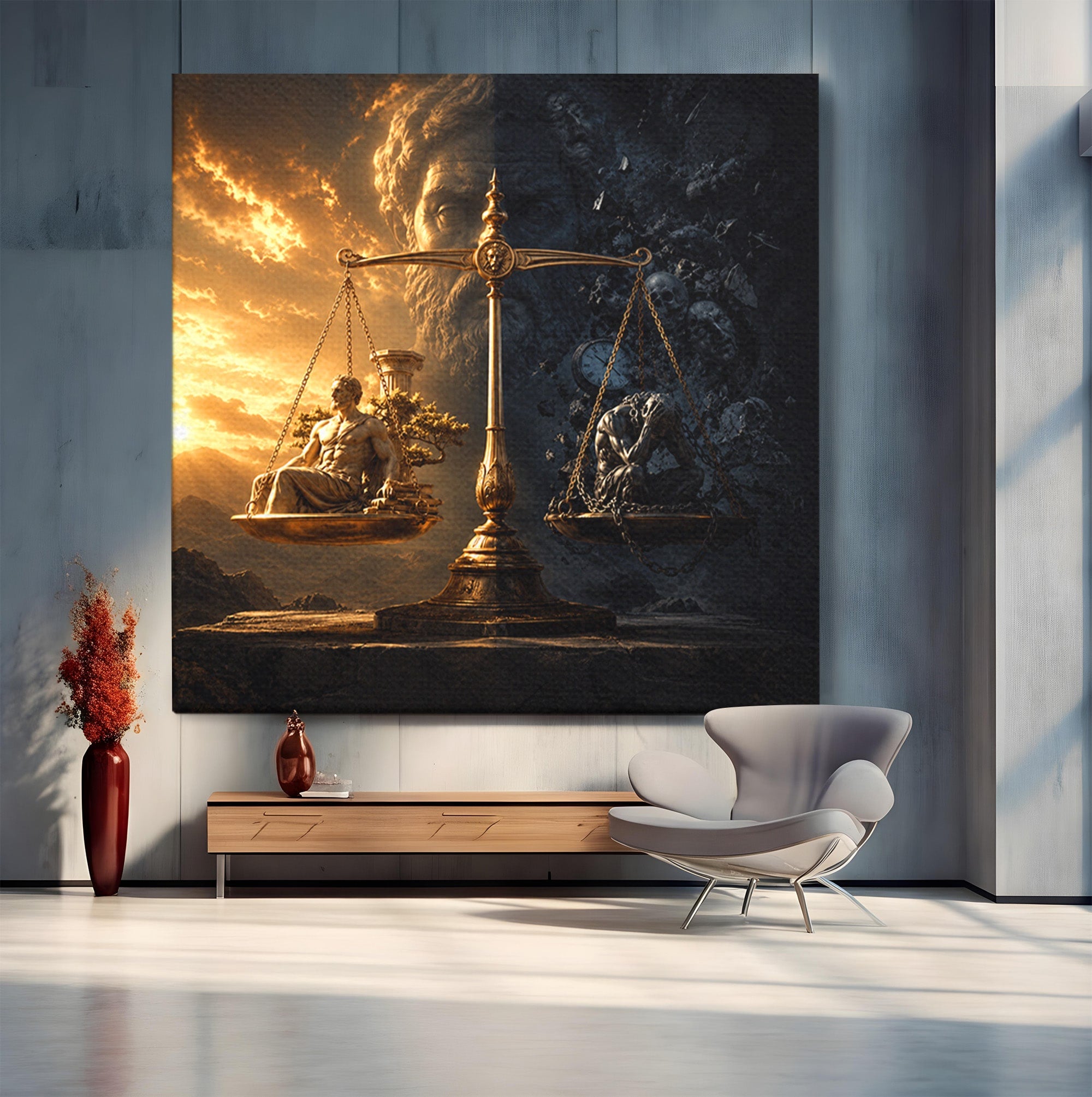 Tablou Canvas Premium LuxCanva® T1027, Balanta Zeilor, Balanta, Zeitate, Mitologie, Apus, Living, Culori Vibrante