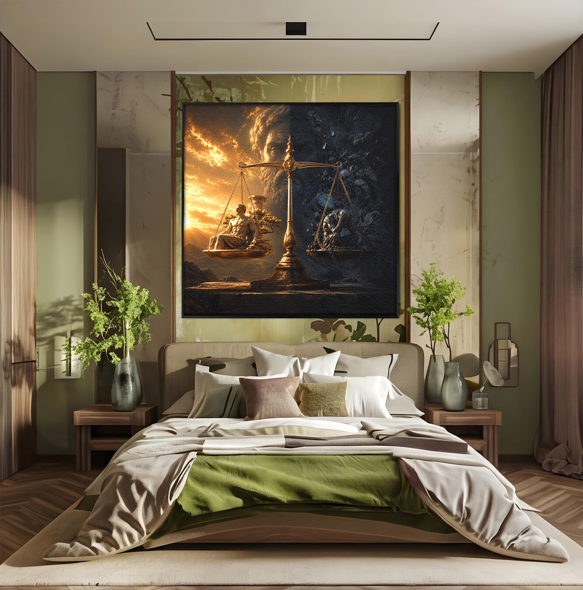 Tablou Canvas Premium LuxCanva® T1027, Balanta Zeilor, Balanta, Zeitate, Mitologie, Apus, Living, Culori Vibrante
