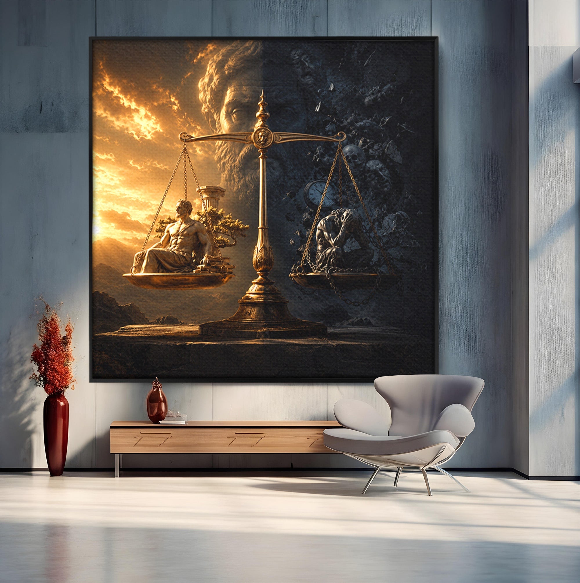 Tablou Canvas Premium LuxCanva® T1027, Balanta Zeilor, Balanta, Zeitate, Mitologie, Apus, Living, Culori Vibrante