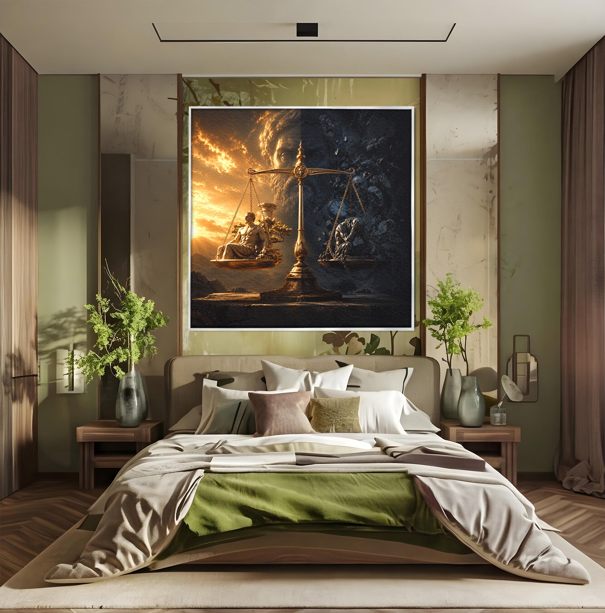 Tablou Canvas Premium LuxCanva® T1027, Balanta Zeilor, Balanta, Zeitate, Mitologie, Apus, Living, Culori Vibrante