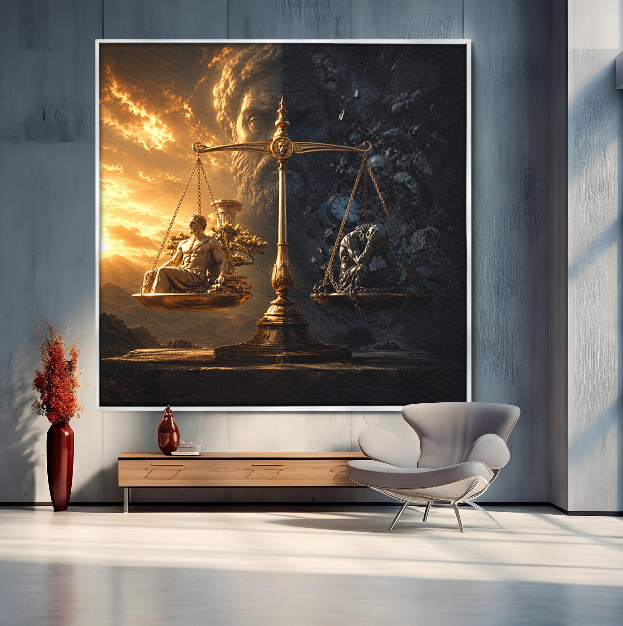 Tablou Canvas Premium LuxCanva® T1027, Balanta Zeilor, Balanta, Zeitate, Mitologie, Apus, Living, Culori Vibrante