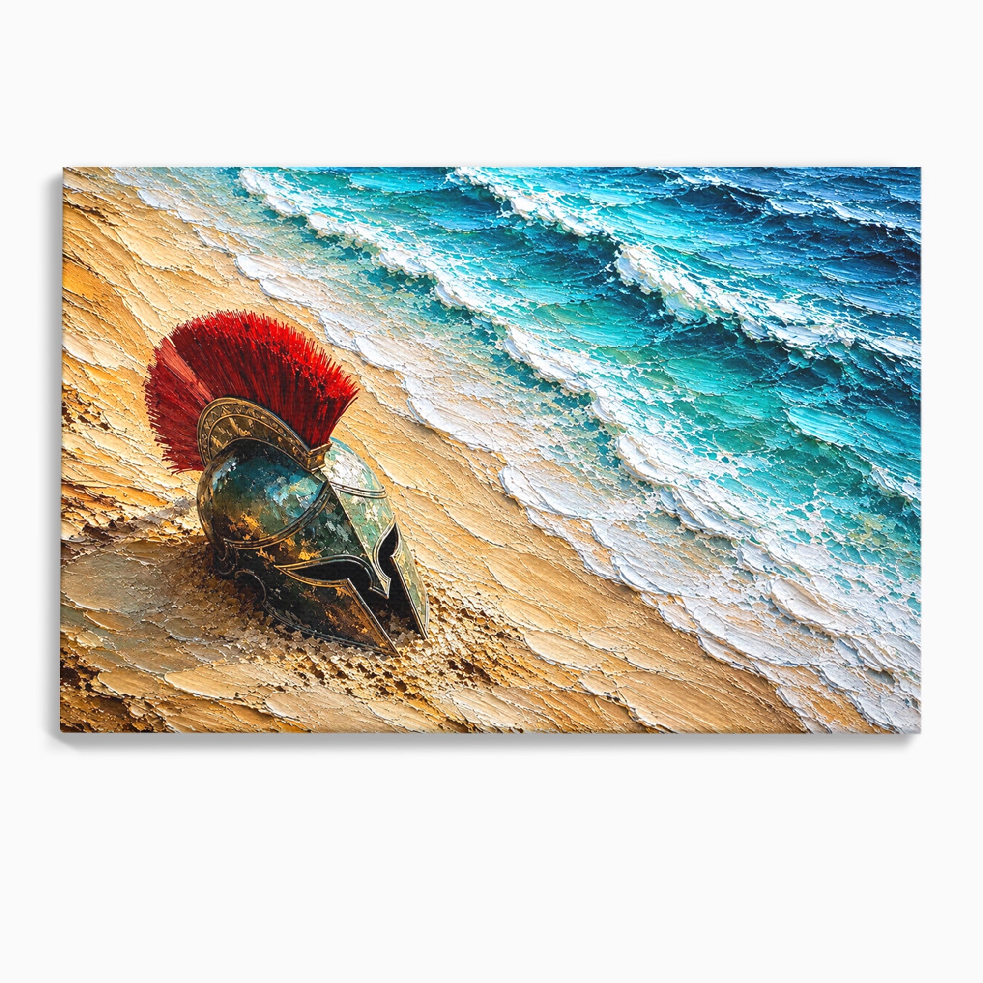 Tablou Canvas Premium LuxCanva® T1028, Coiful Spartan Pe Tarm, Coif, Spartan, Mare, Istorie, Razboinic, Living, Dormitor, Culori Vibrante