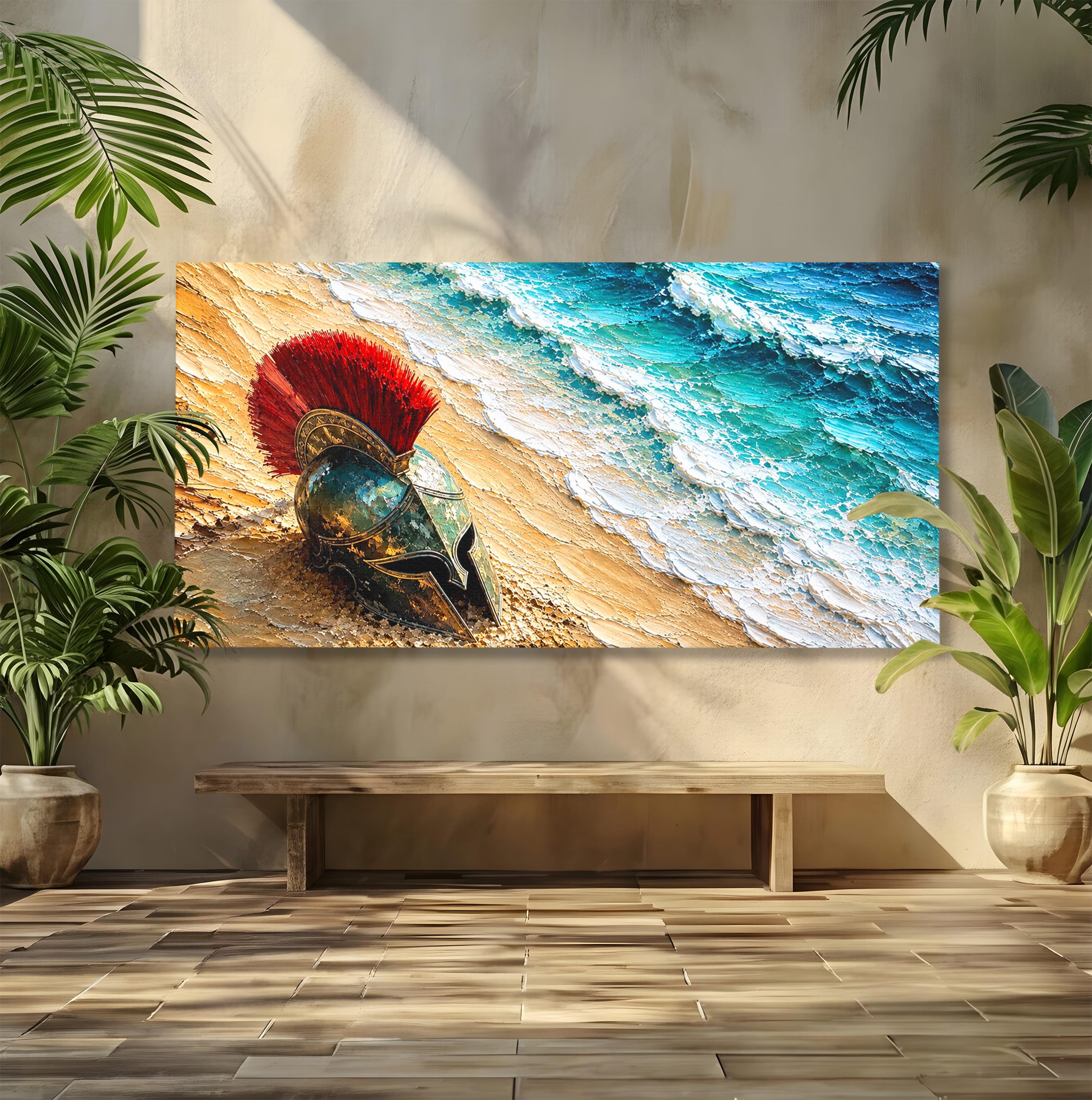 Tablou Canvas Premium LuxCanva® T1028, Coiful Spartan Pe Tarm, Coif, Spartan, Mare, Istorie, Razboinic, Living, Dormitor, Culori Vibrante
